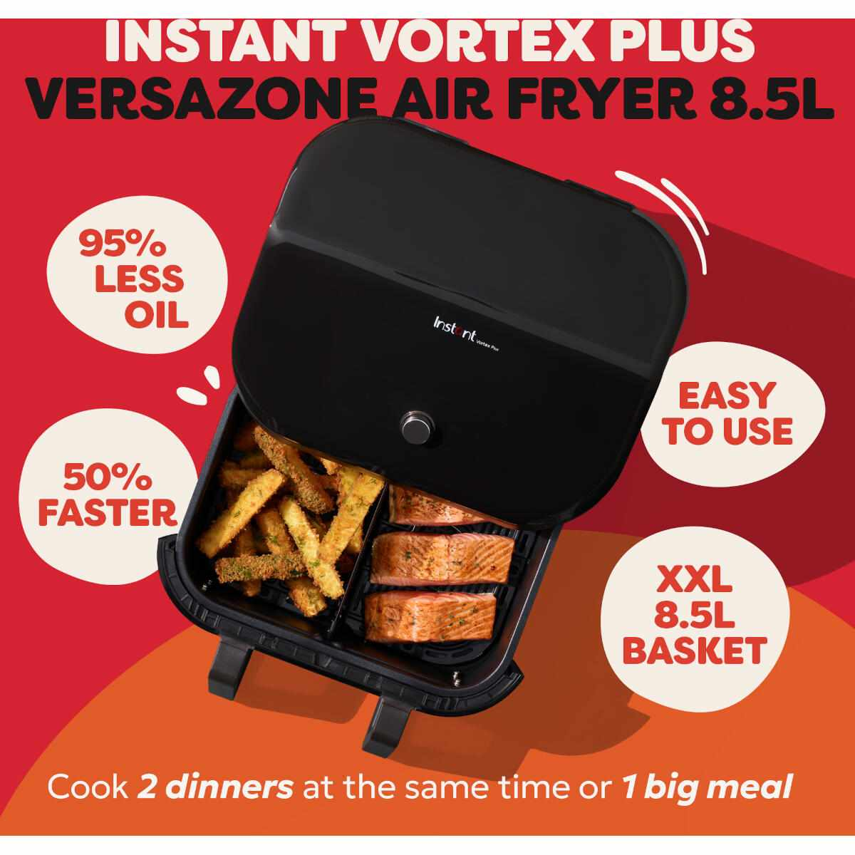 Czarna frytkownica powietrzna z frytkami i rybą. Tekst zawiera '95% mniej oleju', '50% szybciej', 'łatwy w użyciu' i 'kosz XXL 8,5L'.