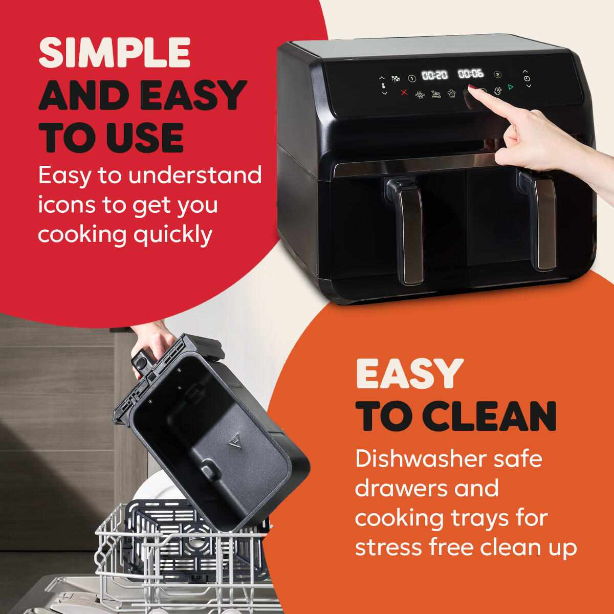 Zwarte airfryer met een hand die op de knop drukt. Een lade wordt verwijderd. Tekst: Eenvoudig, gemakkelijk te gebruiken en gemakkelijk schoon te maken.
