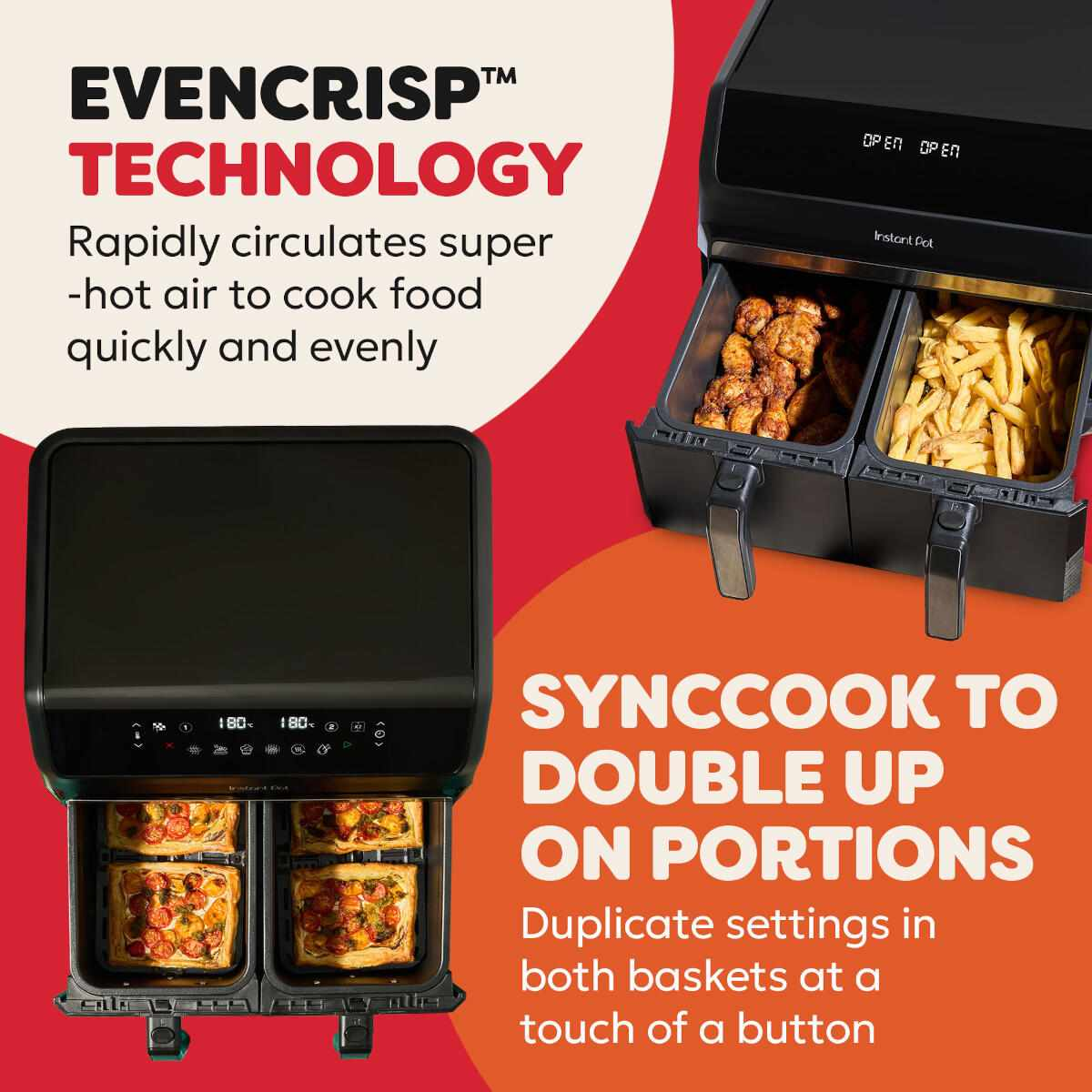 Zwarte airfryer met twee manden, een met friet en een met kip. Tekst benadrukt EvenCrisp-technologie en SyncCook-functie.