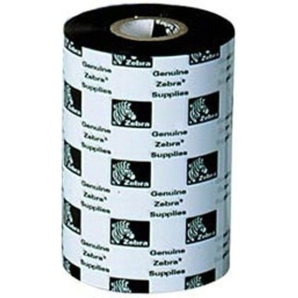 Un rotolo di etichette Zebra cilindrico. È bianco con testo e loghi neri. La parte superiore e il nucleo sono neri. Il testo recita "Genuine Zebra Supplies".