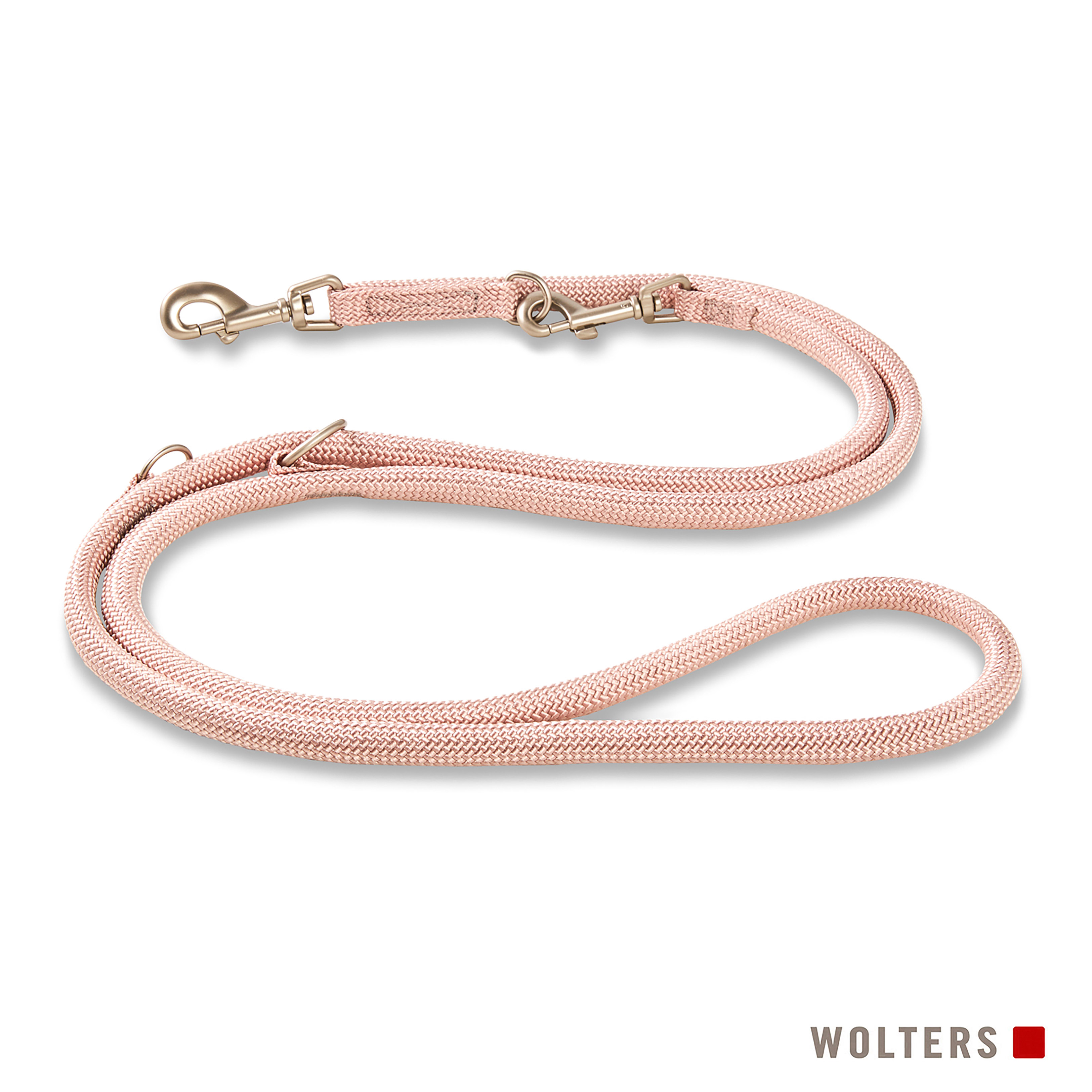 Eine rosa Hundeleine mit Metallverschlüssen und -beschlägen wird vor weißem Hintergrund gezeigt. Die Marke Wolters ist aufgedruckt.