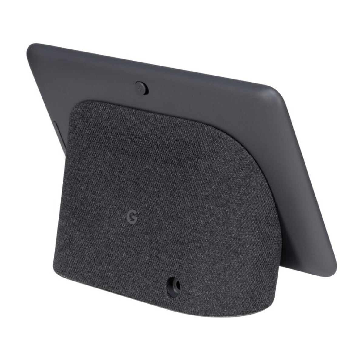 Un Google Nest Hub Max grigio scuro, inclinato. È su una base di tessuto grigio. Il logo Google è visibile.