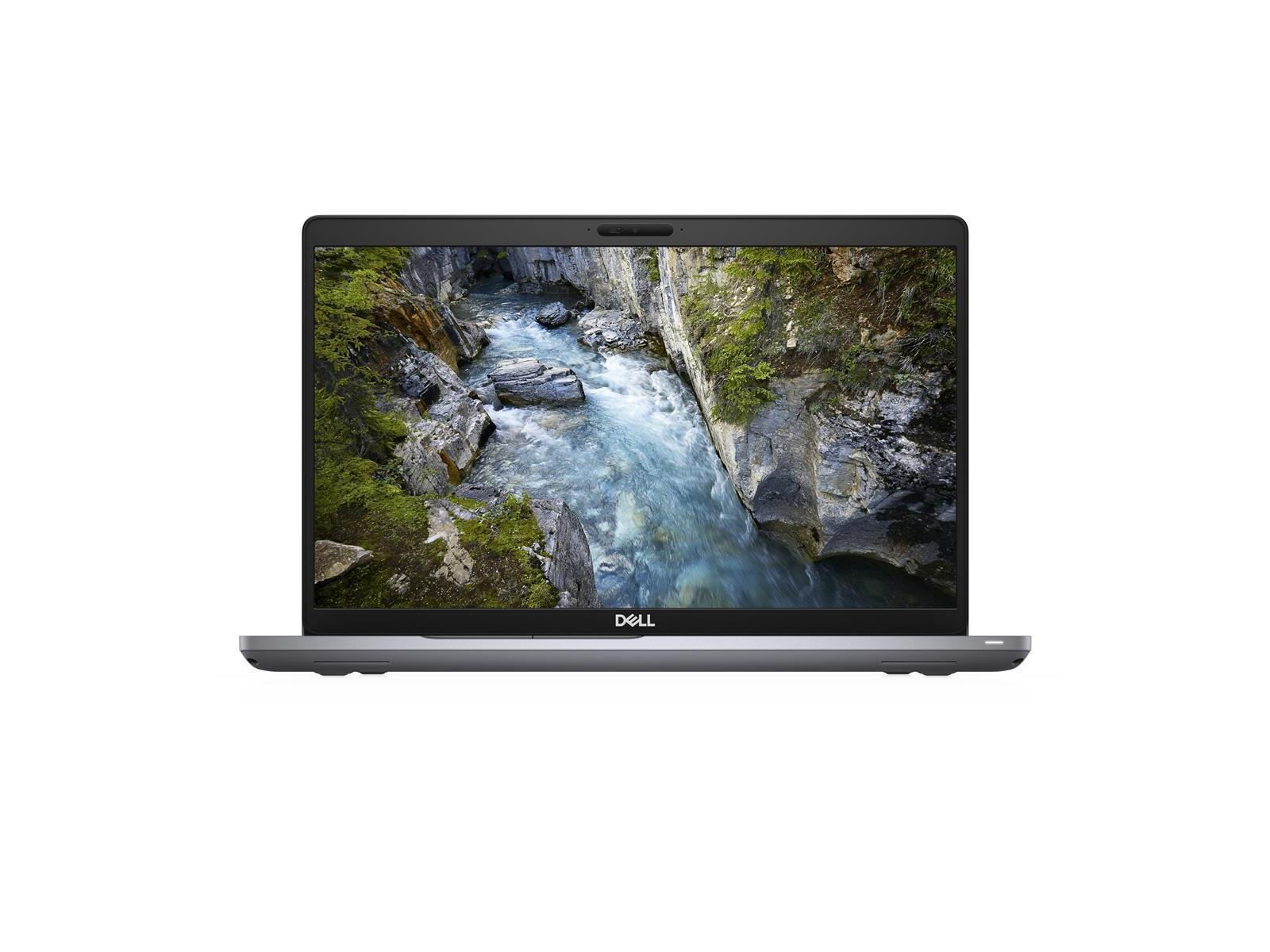 Der Laptop zeigt eine Flussszene. Das Dell-Logo ist sichtbar. Der Laptop ist geöffnet und liegt auf einer weißen Oberfläche.