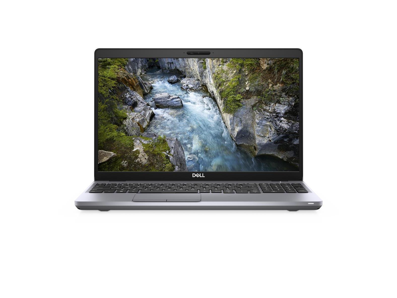 Ein Dell-Laptop zeigt eine Flussszene mit felsigen Ufern. Der Laptop ist silberfarben mit schwarzer Tastatur und Bildschirmrahmen, auf weißem Hintergrund.