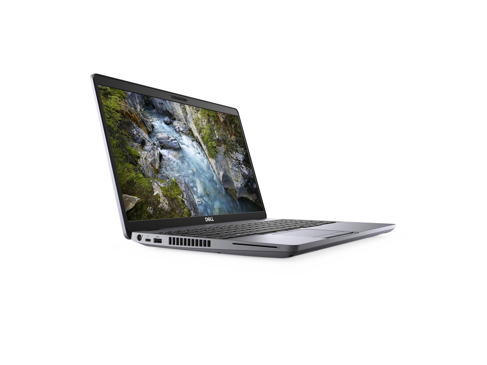 Ein geöffnetes Dell-Laptop zeigt eine Flussszene. Das Gehäuse ist grau, und der Bildschirm zeigt einen Fluss durch felsiges Gelände.