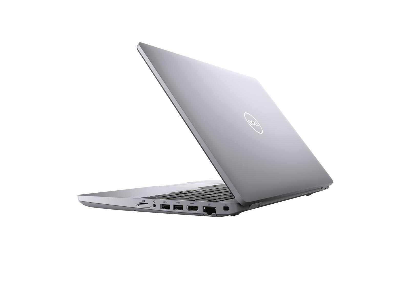 Silberner Dell-Laptop, Deckel geöffnet. Dell-Logo auf dem Deckel sichtbar. Anschlüsse an der Seite. Der Hintergrund ist rein weiß.