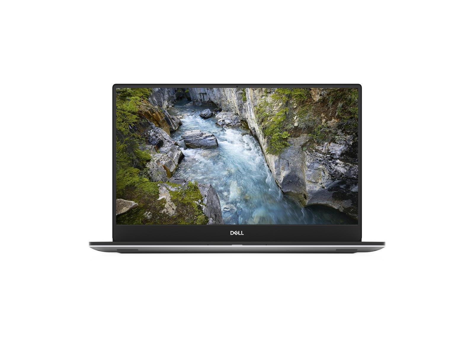 Laptop zeigt einen Fluss, der durch einen felsigen Canyon fließt. Das Dell-Logo befindet sich unten auf dem Bildschirm.