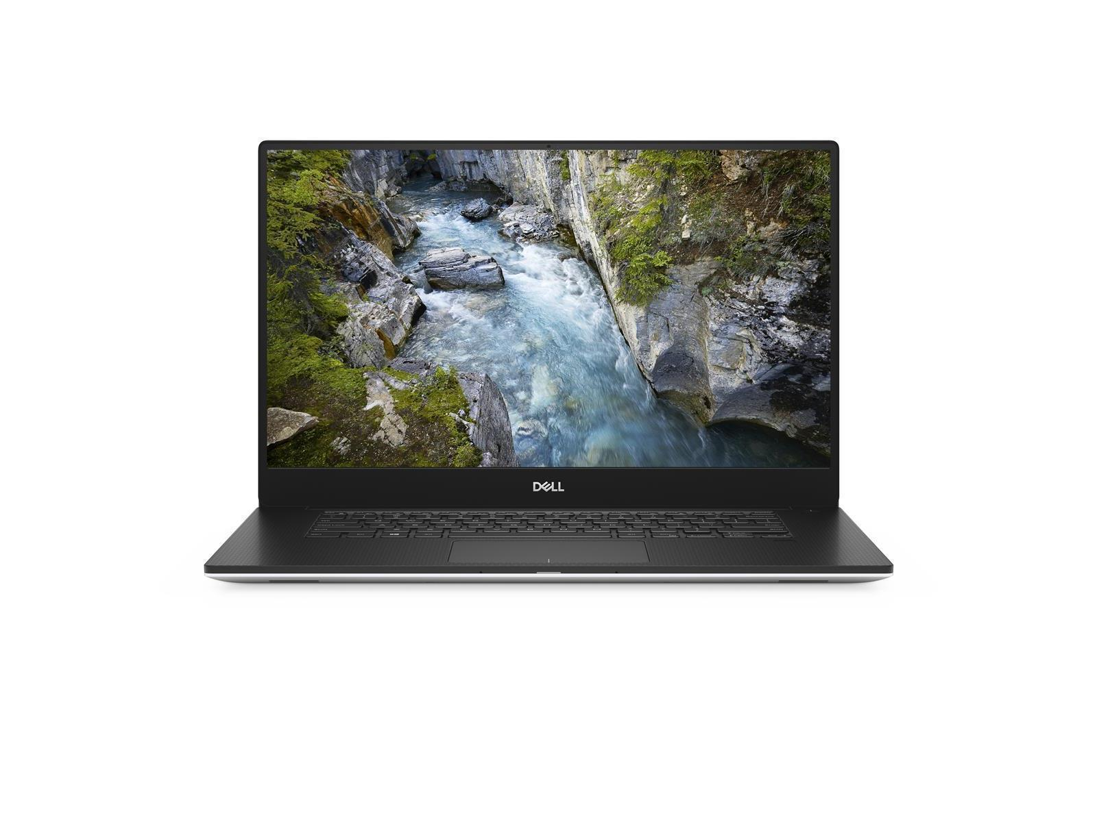 Ein Dell-Laptop zeigt einen Fluss, der durch einen Canyon fließt. Der Laptop ist schwarz mit silberner Umrandung. Das Dell-Logo ist unten.