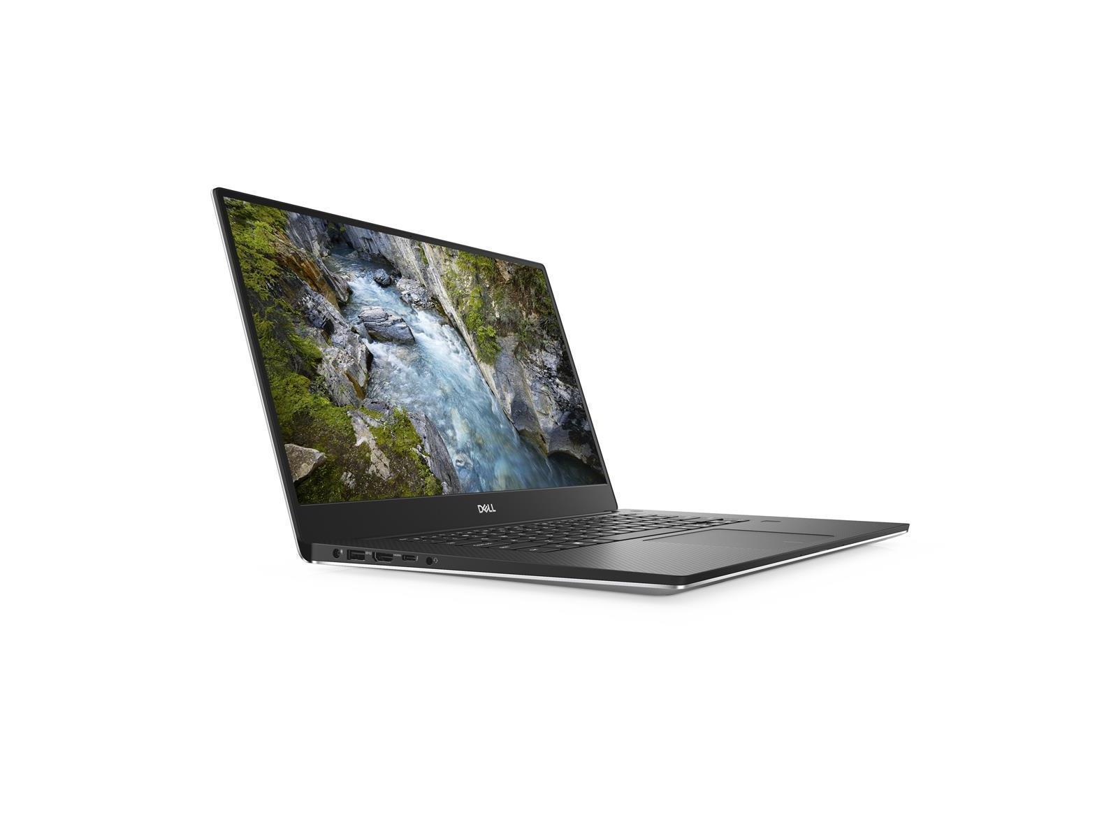 Ein schwarzer Dell-Laptop ist leicht geöffnet und zeigt eine Flussszene auf dem Bildschirm. Der Hintergrund ist weiß.