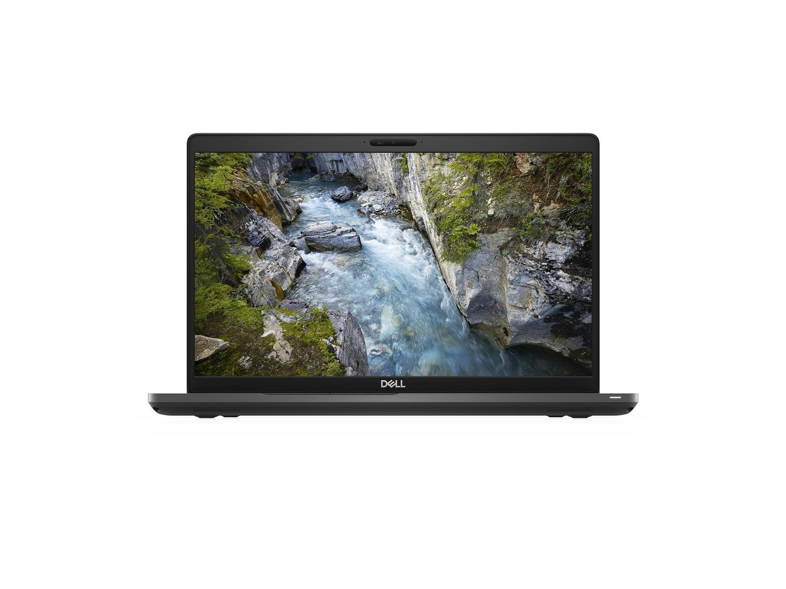 Ein Dell-Laptop zeigt eine Flussszene mit Canyonwänden, Bäumen und fließendem Wasser. Der Laptop befindet sich auf weißem Hintergrund.