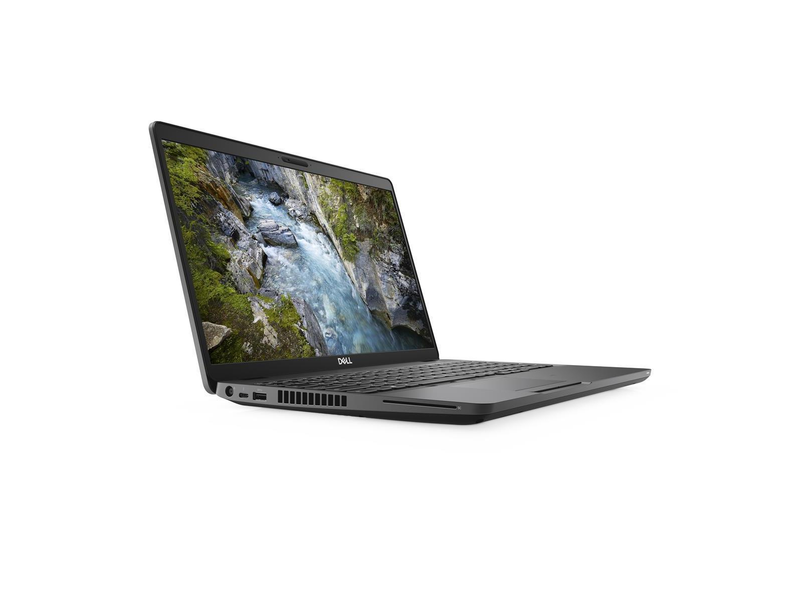 Ein Dell-Laptop ist nach rechts abgewinkelt. Der Bildschirm zeigt eine Flussszene. Die Tastatur ist grau und das Gehäuse schwarz, vor weißem Hintergrund.