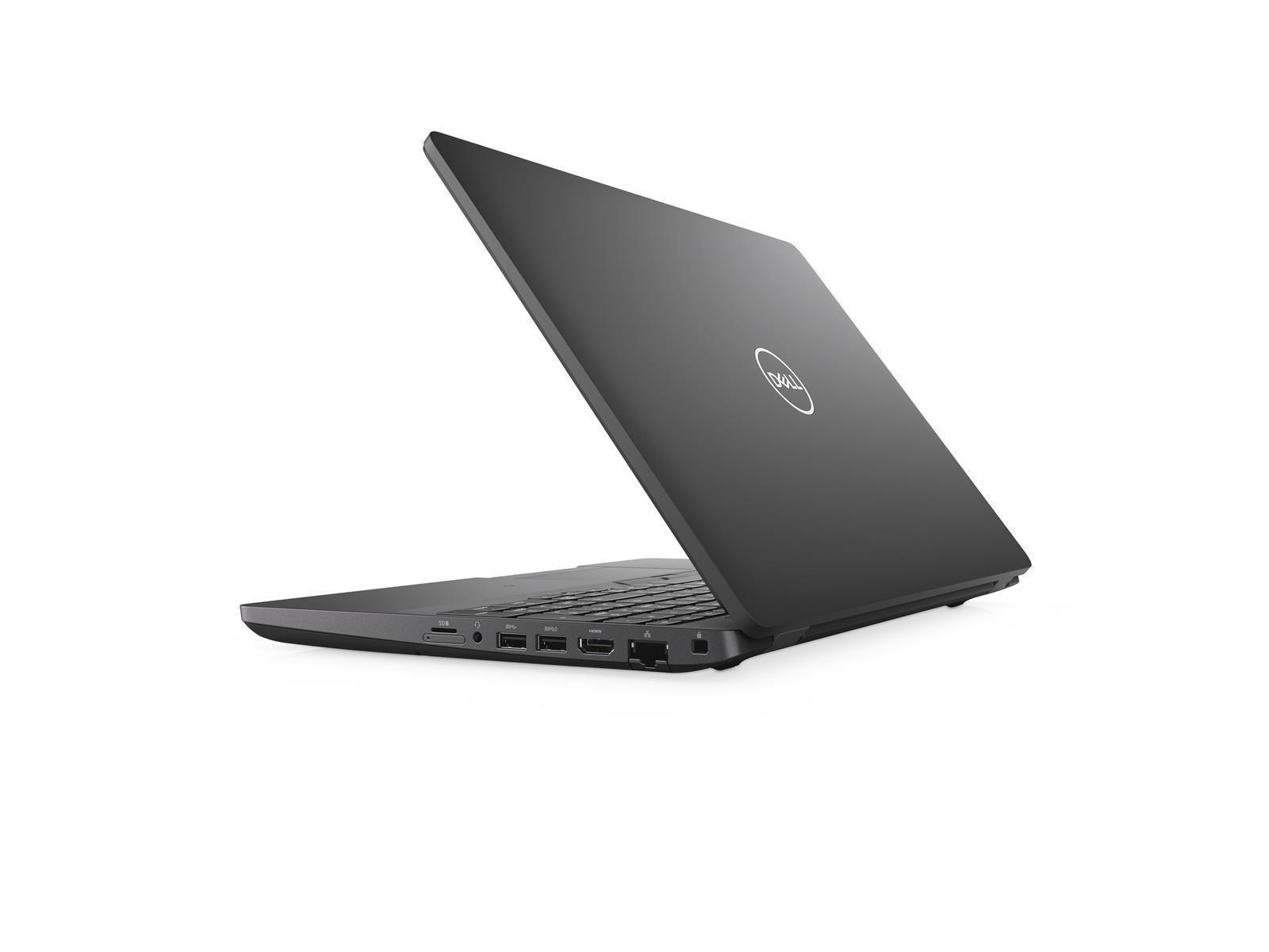Ein schwarzer Dell-Laptop ist angewinkelt geöffnet. Der Bildschirm ist abgewandt und zeigt das Dell-Logo. Der Laptop befindet sich auf weißem Hintergrund.