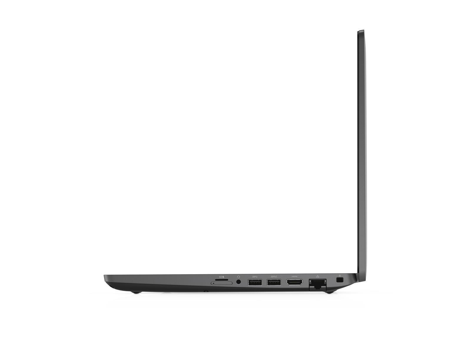 Seitenansicht eines dunkelgrauen Laptops. Der Bildschirm ist geöffnet. Anschlüsse sind an der Seite sichtbar, darunter USB und HDMI.
