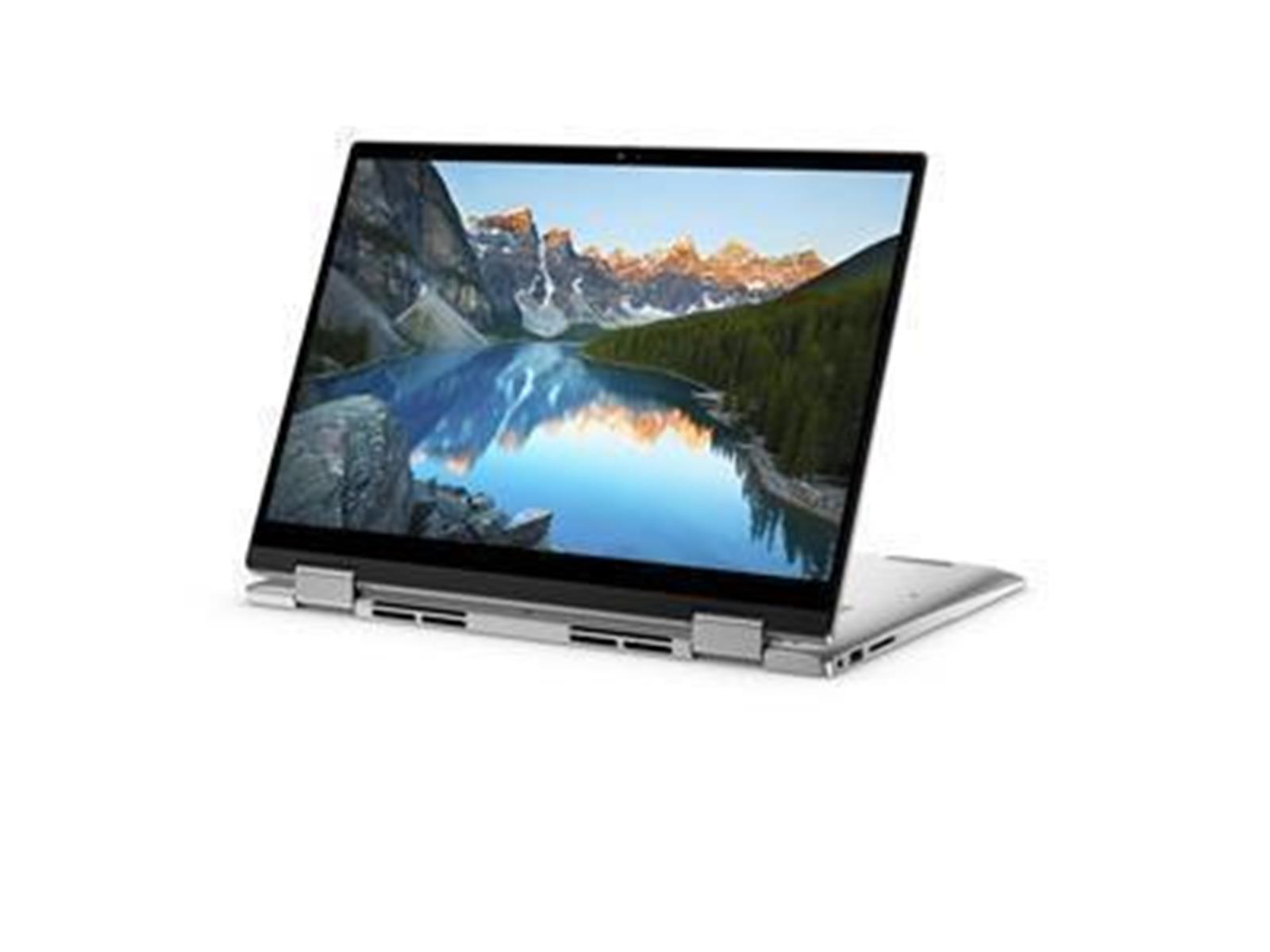 Ein silberner Laptop ist geöffnet und zeigt eine malerische Landschaft mit See und Bergen. Der Bildschirm ist nach oben geneigt.