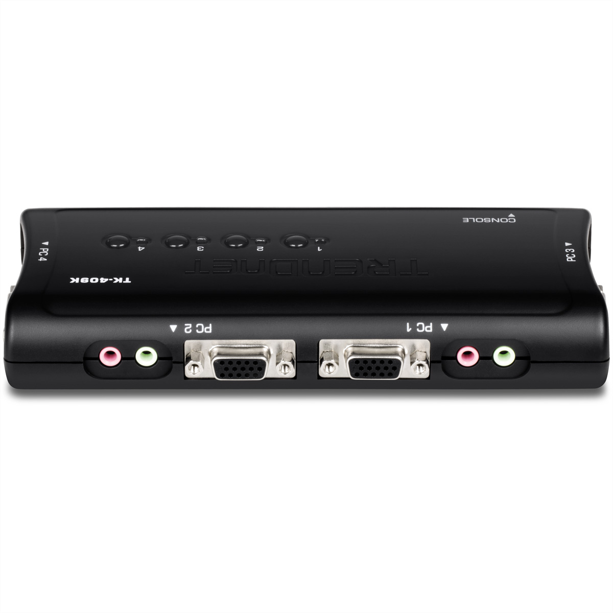 Uno switch TRENDnet TK-409K nero con porte VGA, jack audio e pulsanti numerati. Il dispositivo è su una superficie bianca.