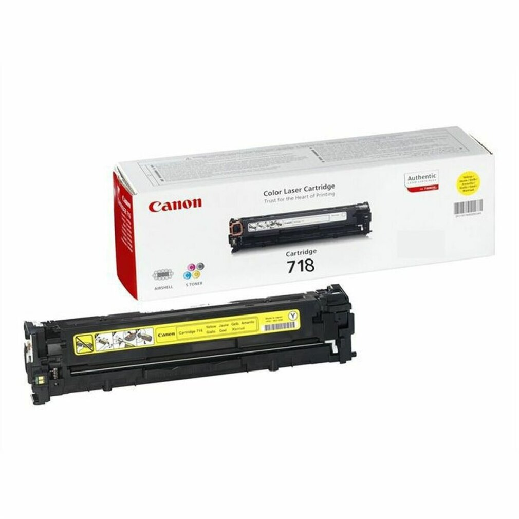 Wkład do drukarki Canon, czarny i żółty. Pudełko ze zdjęciem wkładu i tekstem: Canon, Color Laser Cartridge, 718. Autentyczne.