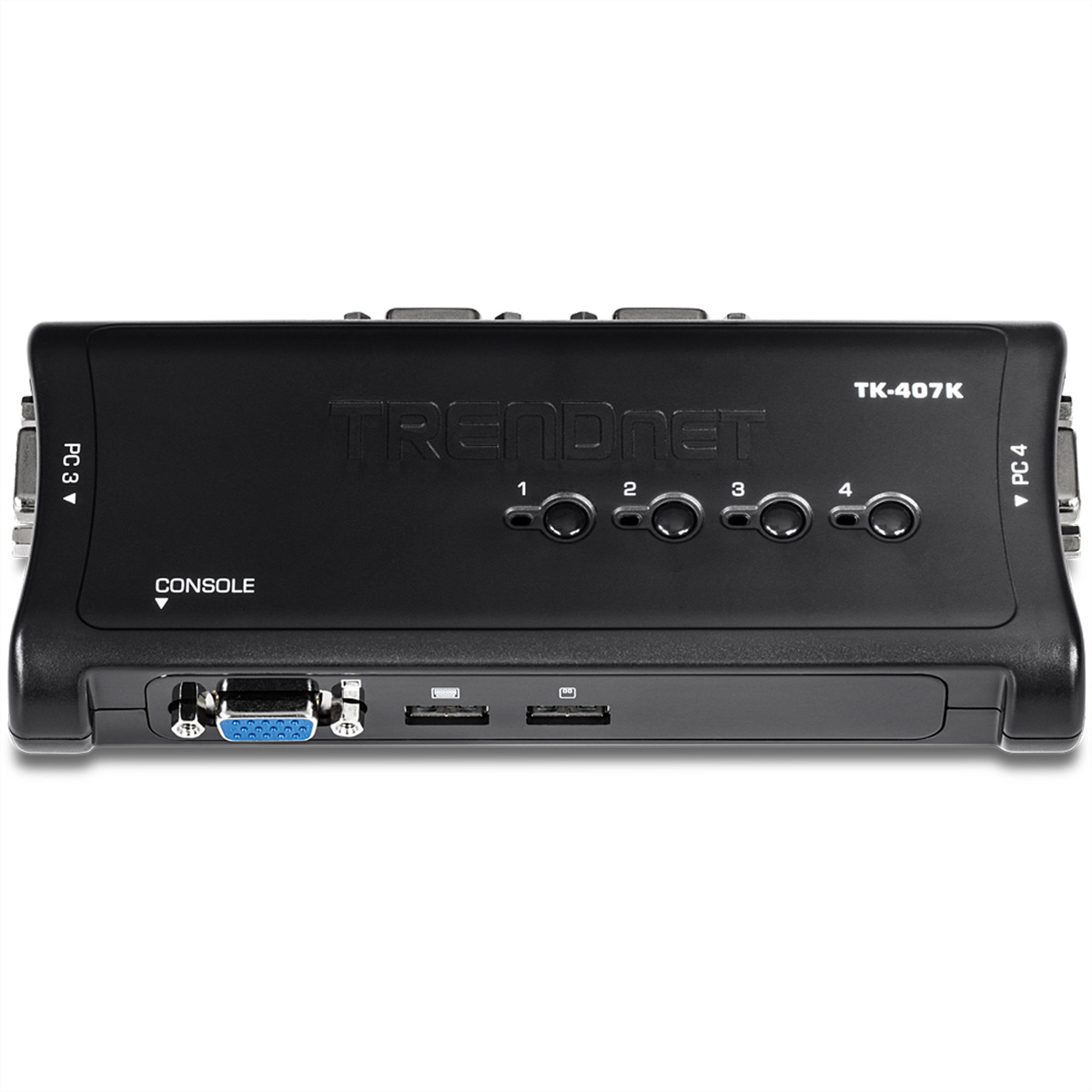 Dispositivo TRENDnet TK-407K nero. Dispone di porte PC3 e PC4, porta console e pulsanti numerati da 1 a 4. Include porte USB.