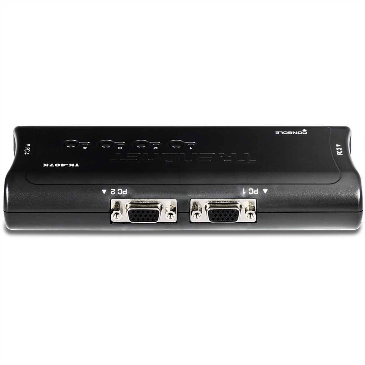 Switch KVM TRENDnet nero. Ha porte PC1, PC2 e porta console. Sfondo bianco.