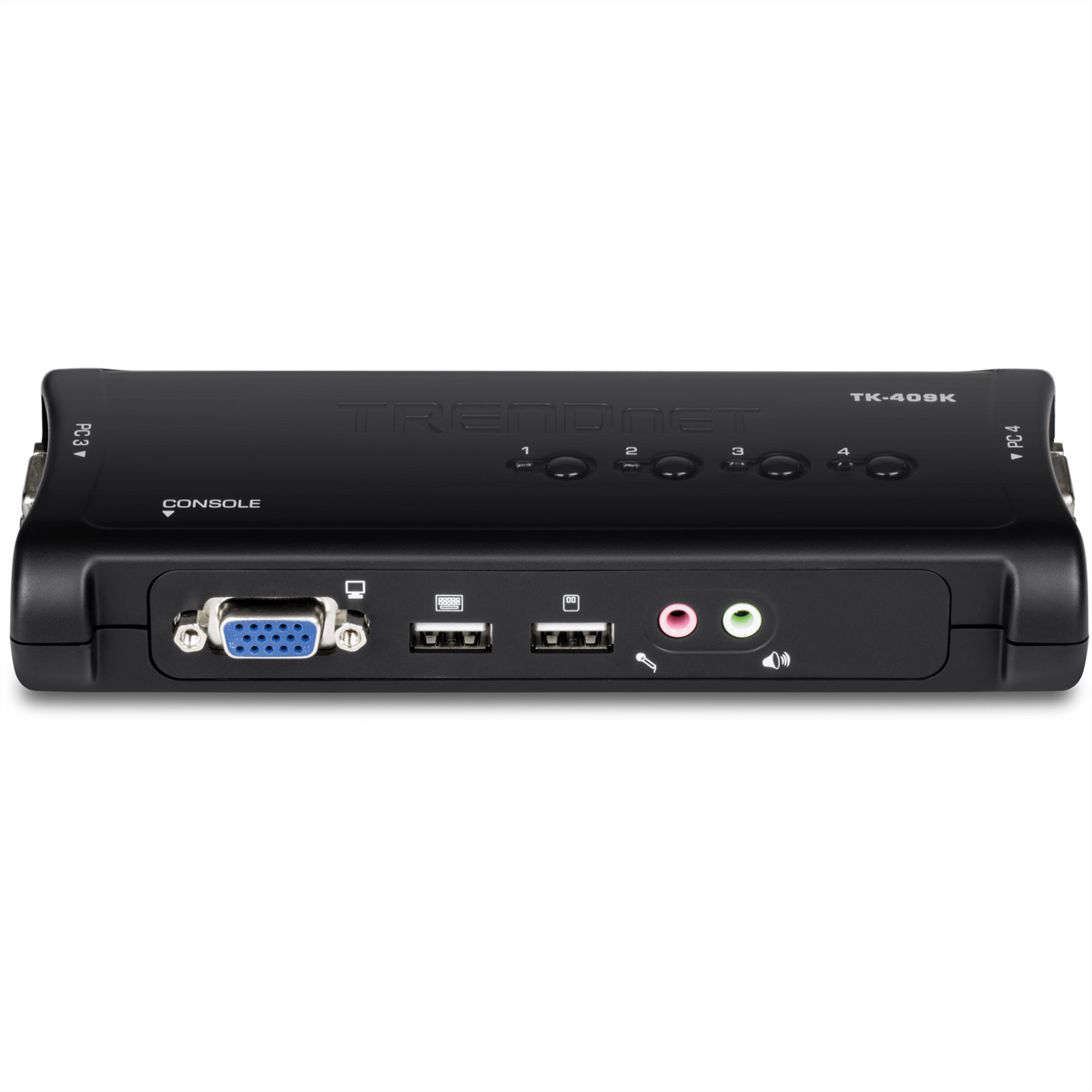 Switch KVM TRENDnet TK-409K nero. Caratteristiche: VGA, porte USB, jack audio e porta console. Pulsanti 1-4 per la selezione del PC.