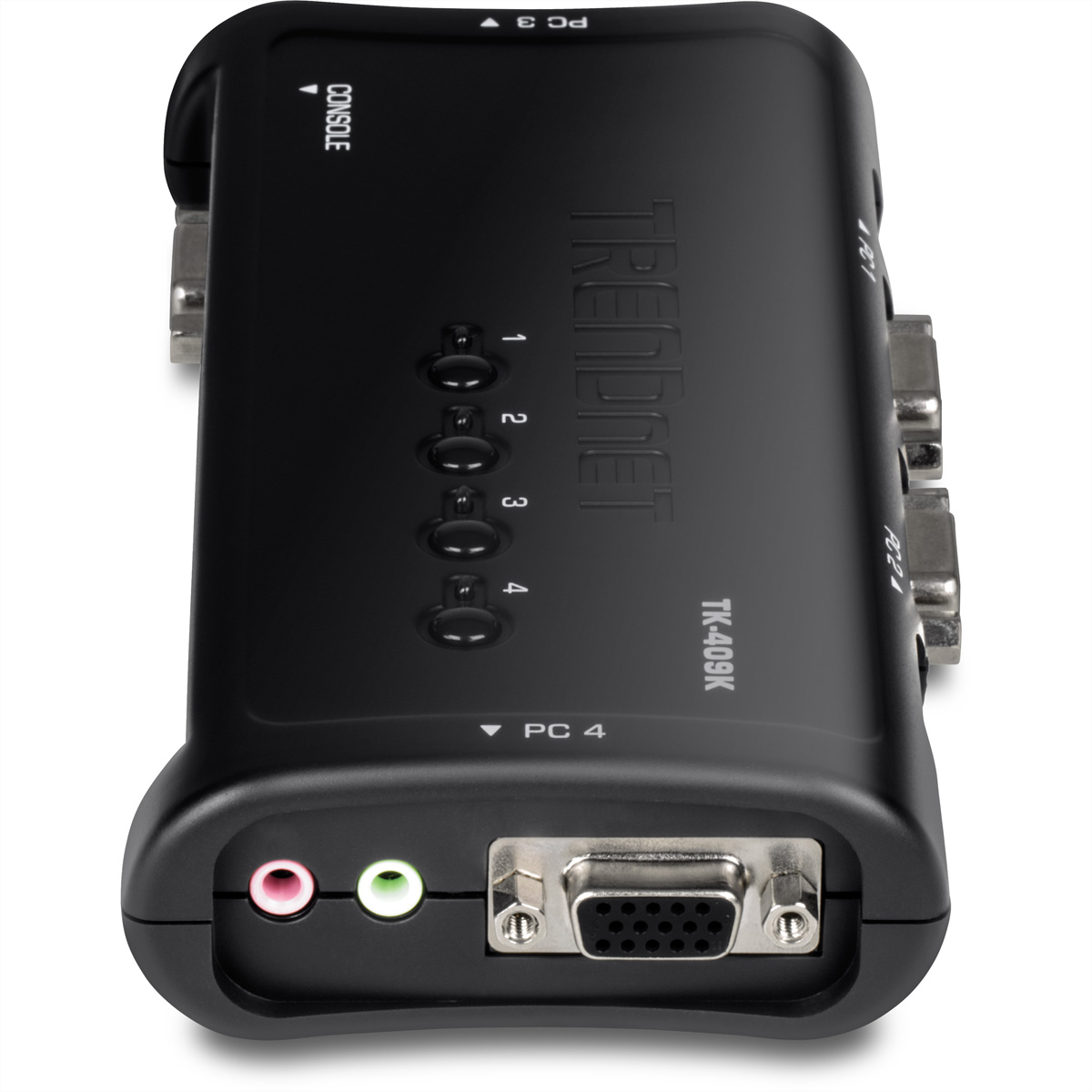 Switch KVM TRENDnet TK-409K nero. Caratteristiche: console, porte PC, porte audio e connettori VGA. Pulsanti numerati per selezione PC.