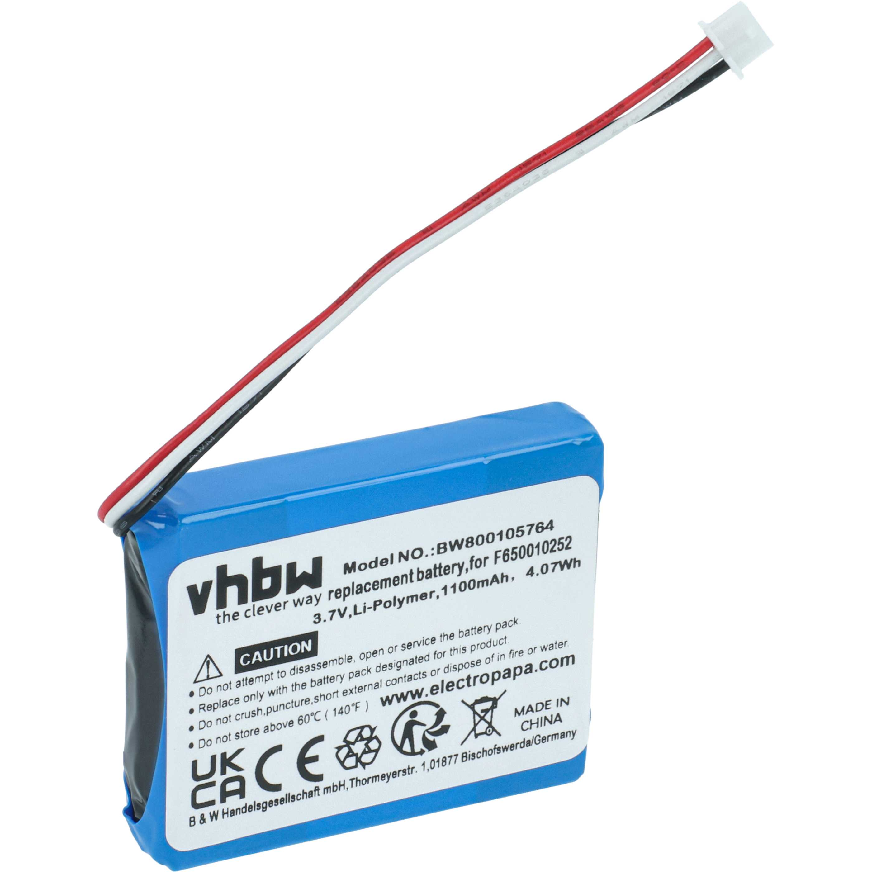 Ein blauer vhbw-Ersatzakku mit angeschlossenen Drähten und einem weißen Stecker. Er hat gedruckte Warnhinweise und technische Daten.