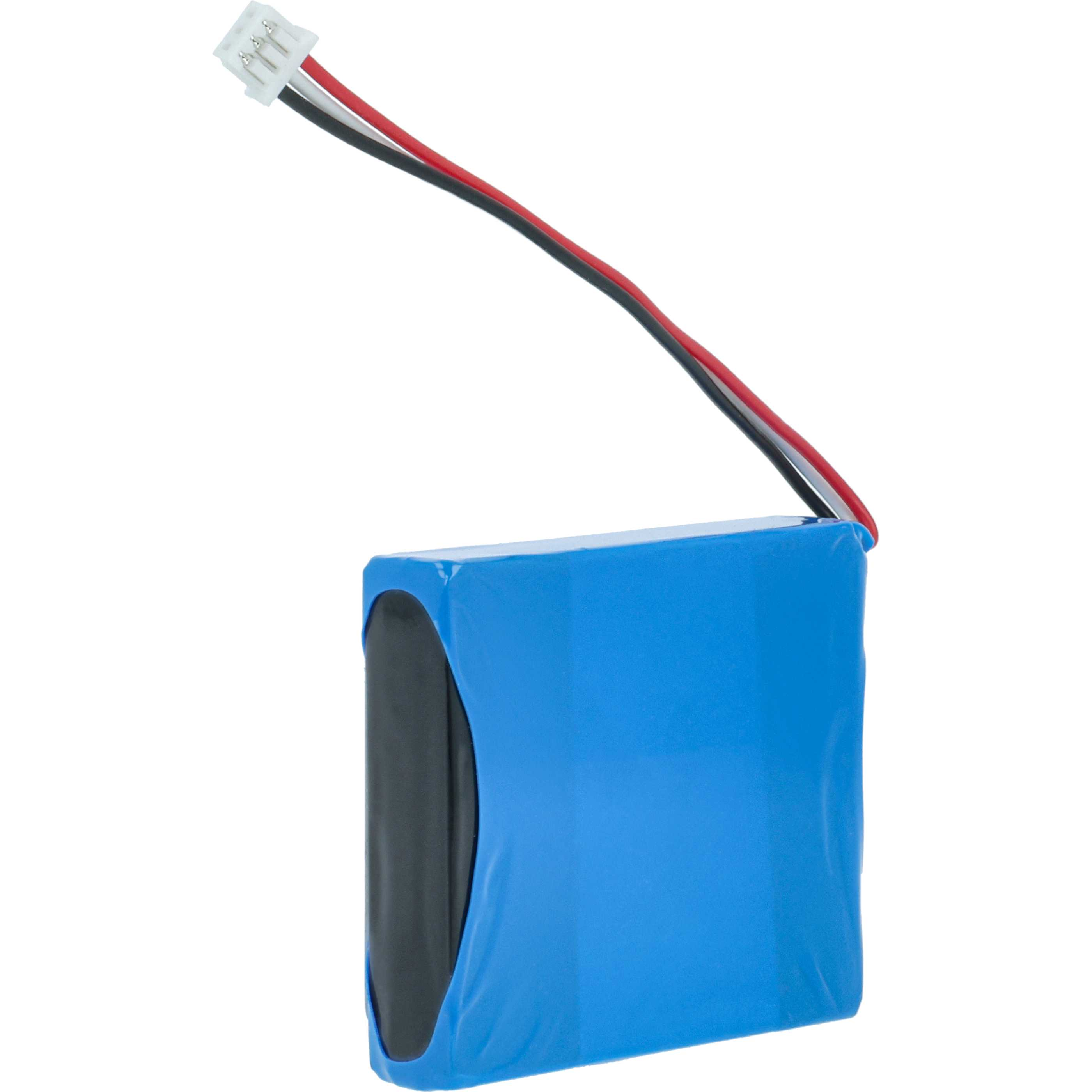 Ein blauer Akku mit schwarzen und weißen Drähten und einem weißen Stecker. Der Hintergrund ist weiß.