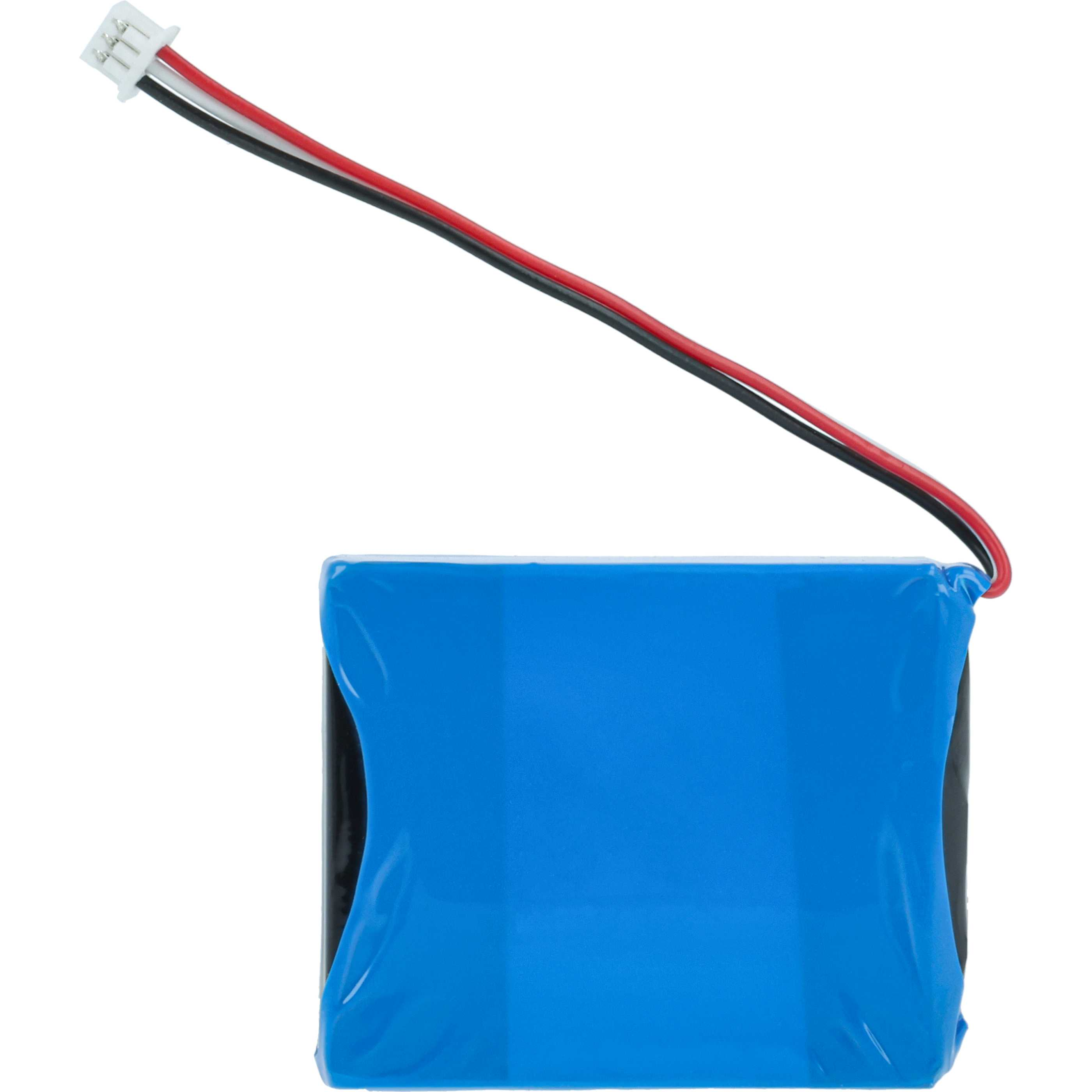 Ein blauer Akku mit schwarzen, roten und weißen Drähten, die an einem weißen Stecker befestigt sind.