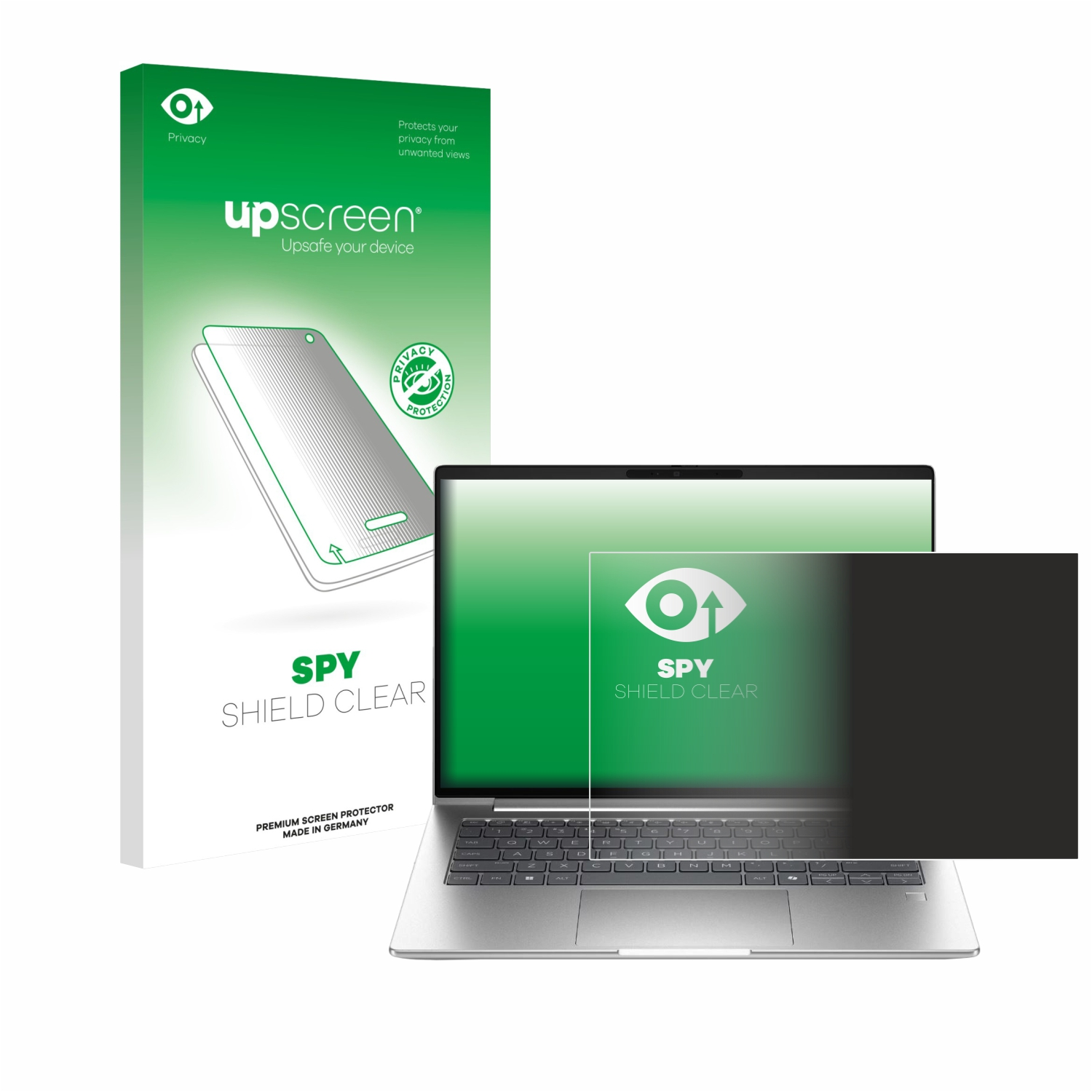 Ein Laptop mit Bildschirmschutz und Verpackung. Der Bildschirmschutz trägt die Aufschrift 'SPY SHIELD CLEAR'.