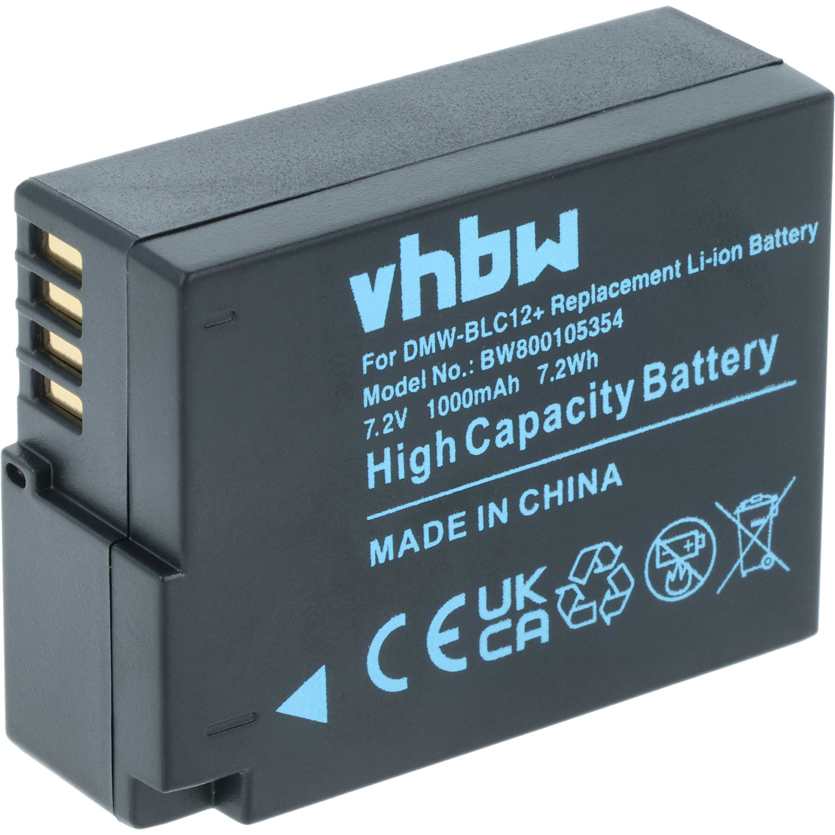 Ein schwarzer vhbw-Akku mit hellblauem Text, beschriftet mit 'High Capacity Battery', 'Made in China' und verschiedenen Sicherheitssymbolen.