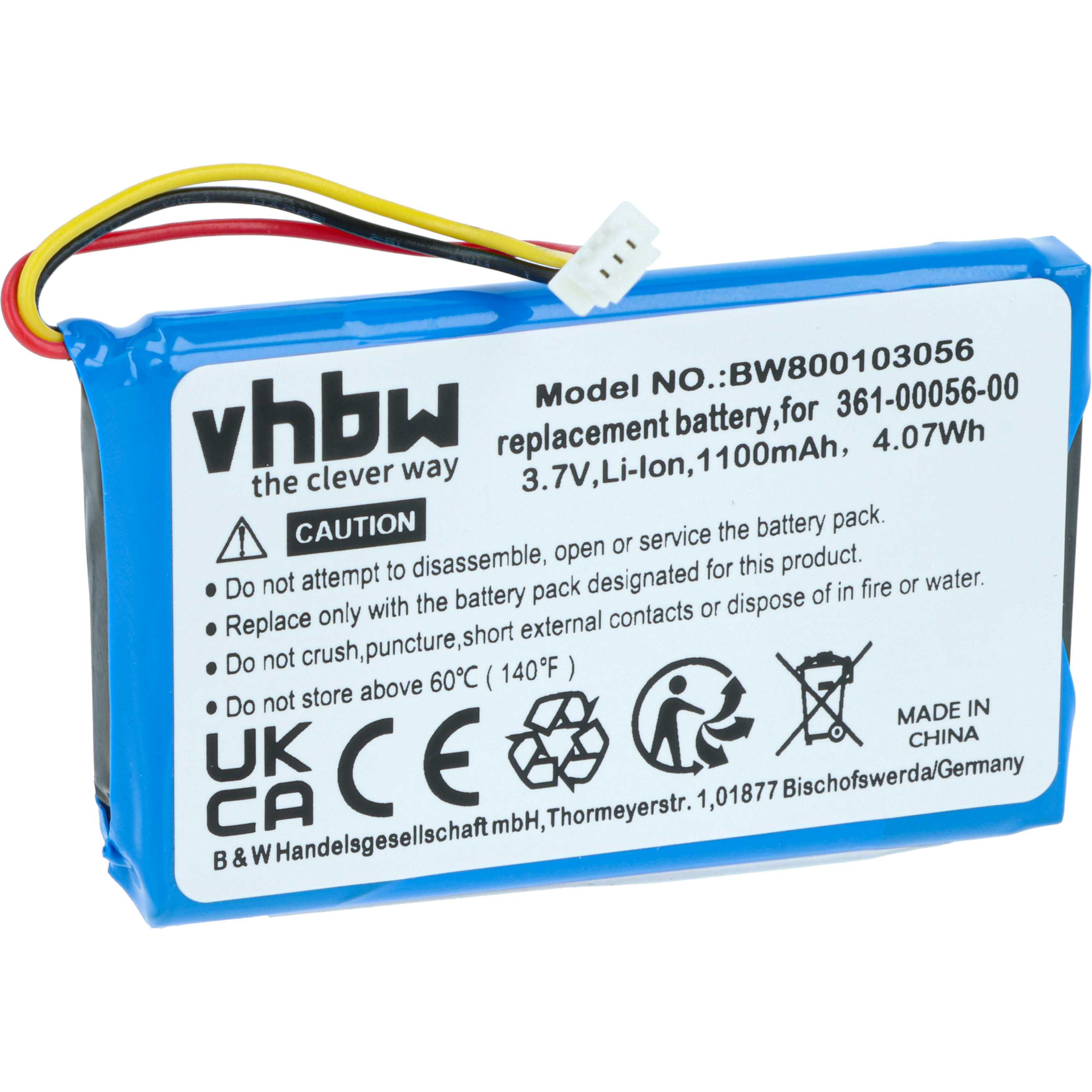 Blauer Akku mit schwarzen, gelben und roten Drähten. Text: 'vhbw', 'Ersatzbatterie' und Warnhinweise.