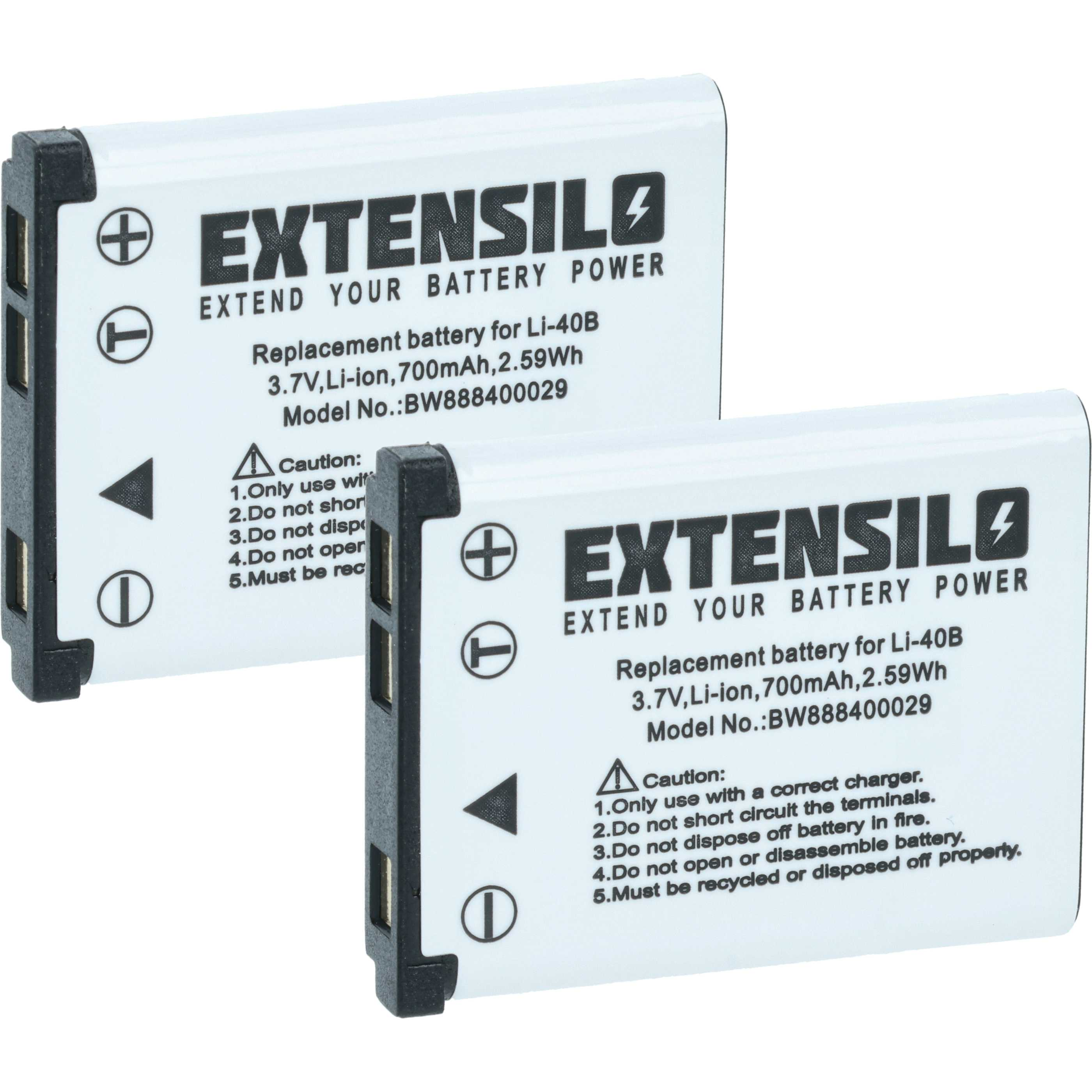 Zwei weiße EXTENSILO-Batterien werden gezeigt. Jede hat schwarzen Text und schwarze Kanten.