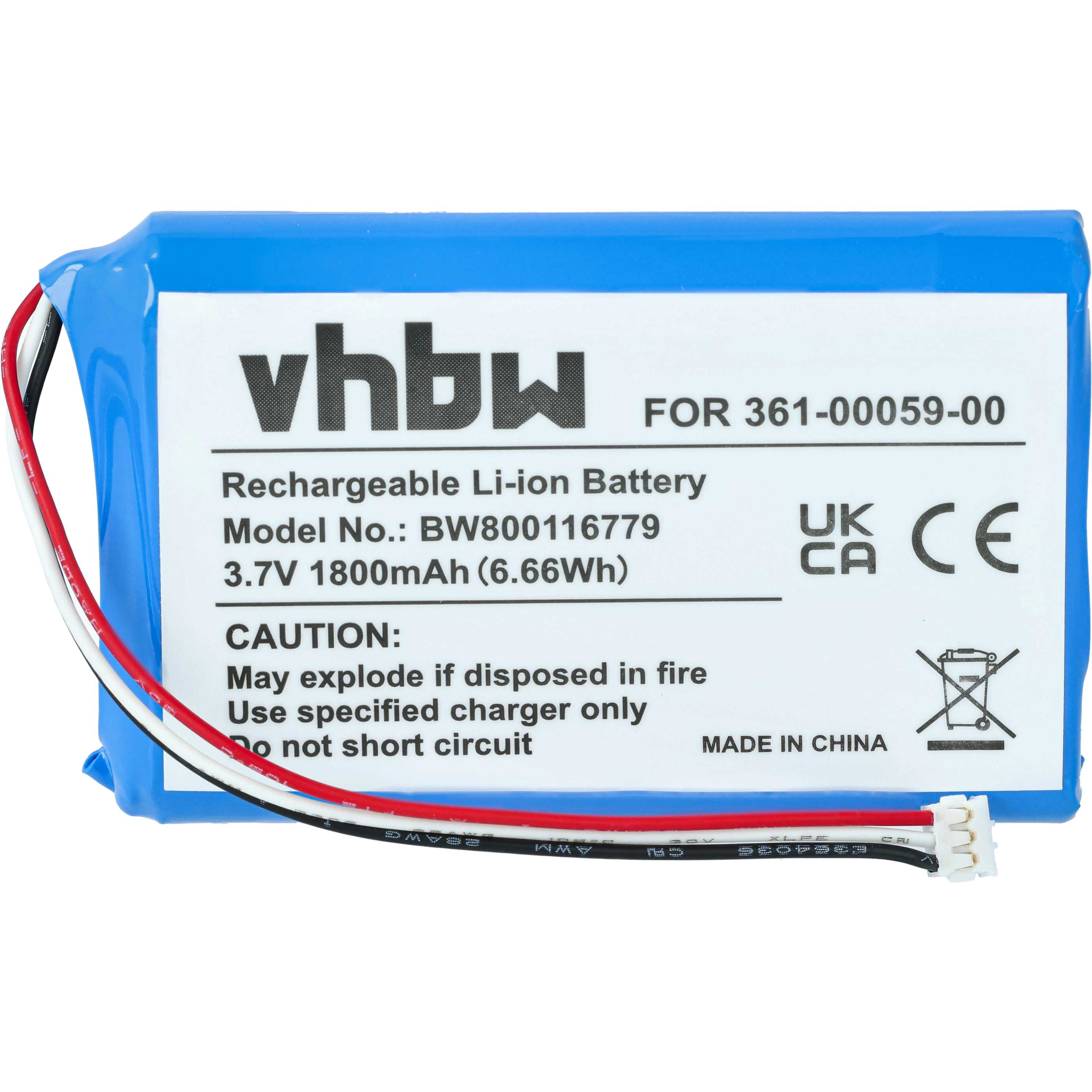Ein blauer und weißer wiederaufladbarer Li-Ionen-Akku mit Drähten und Warnhinweisen.