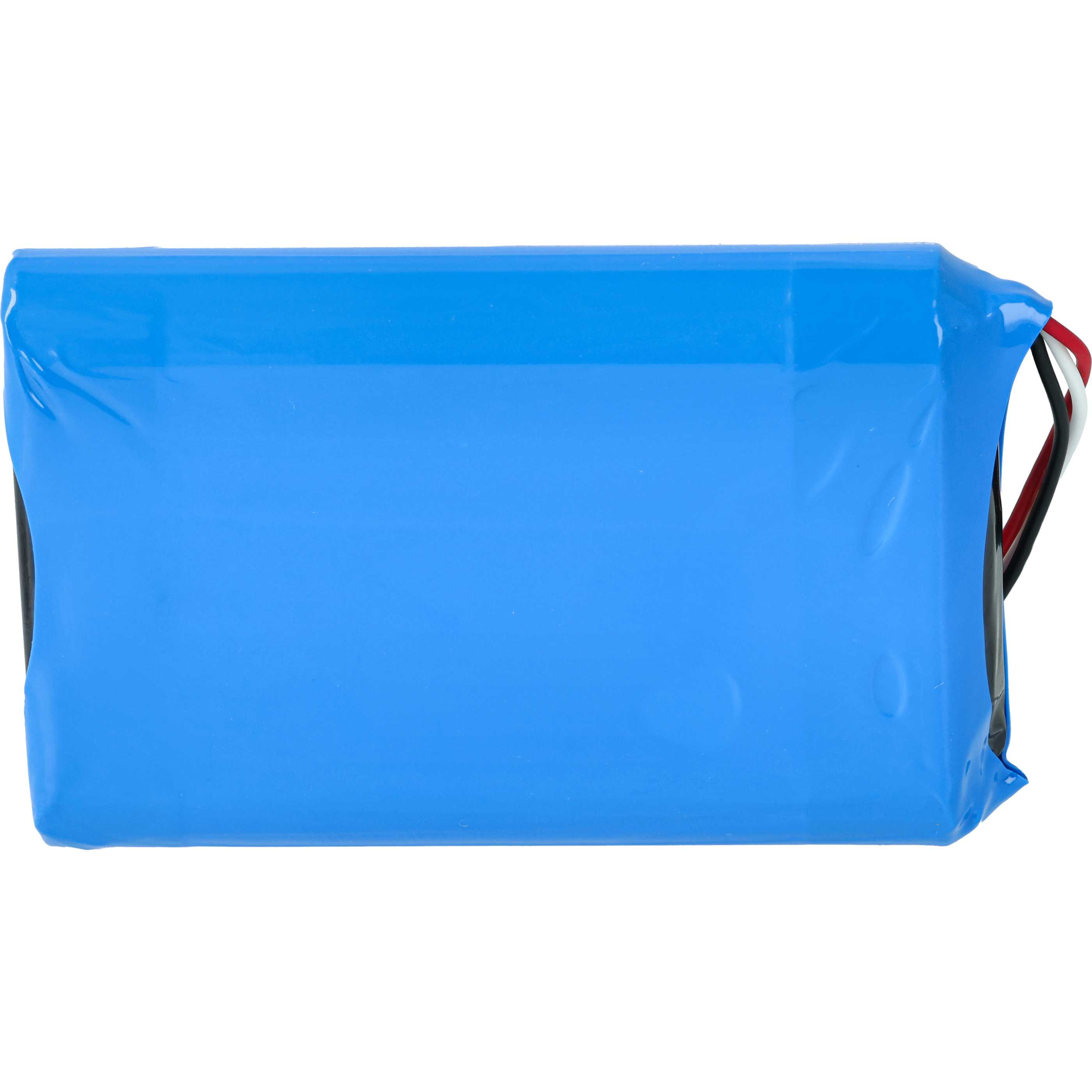 Ein rechteckiger, blauer Akku mit Drähten. Das Paket ist in blauem Kunststoff verpackt. Drähte sind schwarz, weiß und rot.
