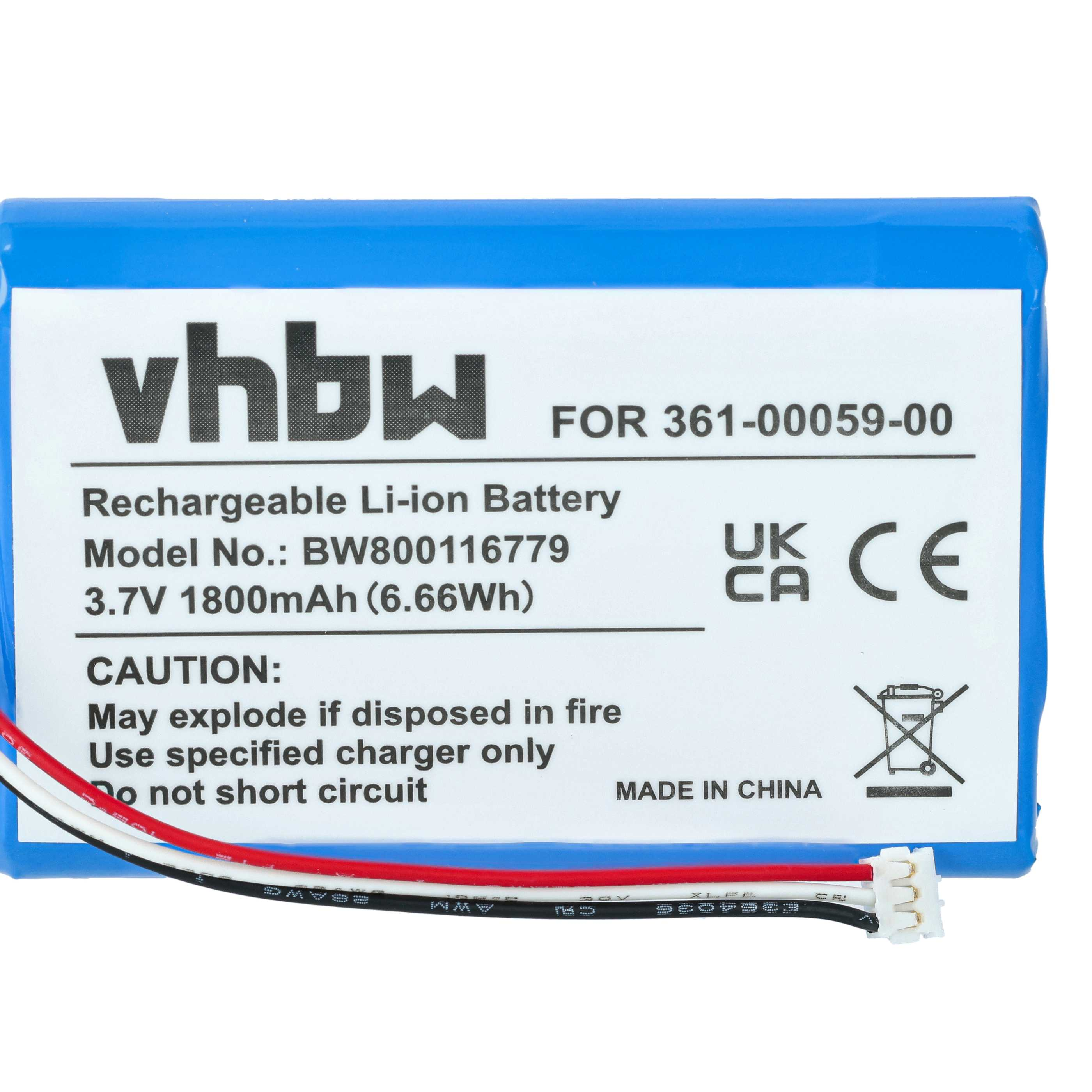 Ein blau-weißer Akku mit schwarzen, roten und weißen Drähten. Text enthält 'vhbw', '3,7V' und eine Warnung vor Feuer.