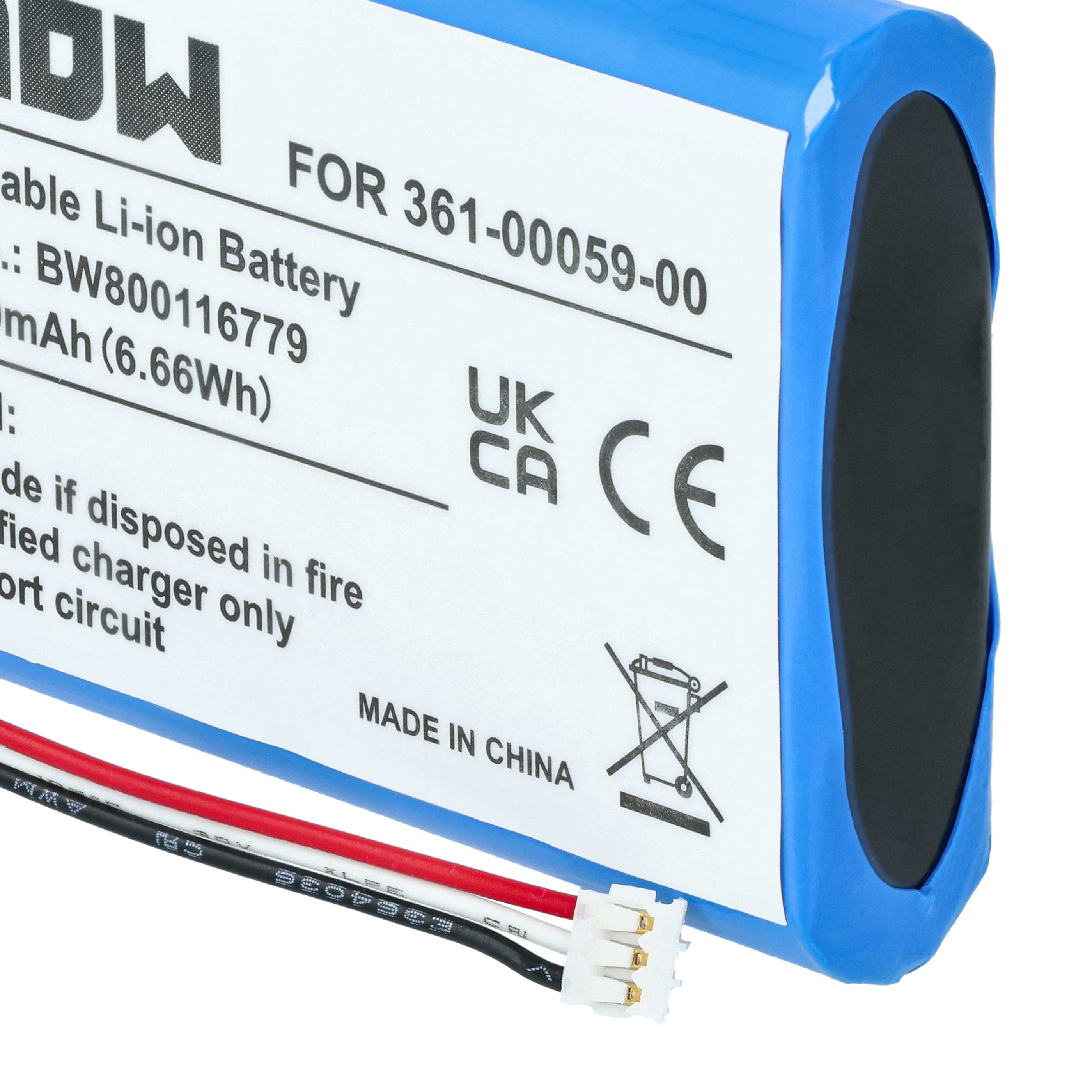 Ein blau-weißer Akku. Text enthält 'Li-Ion-Akku', 'Made in China' und Warnhinweise. Drähte gehen von der Basis aus.