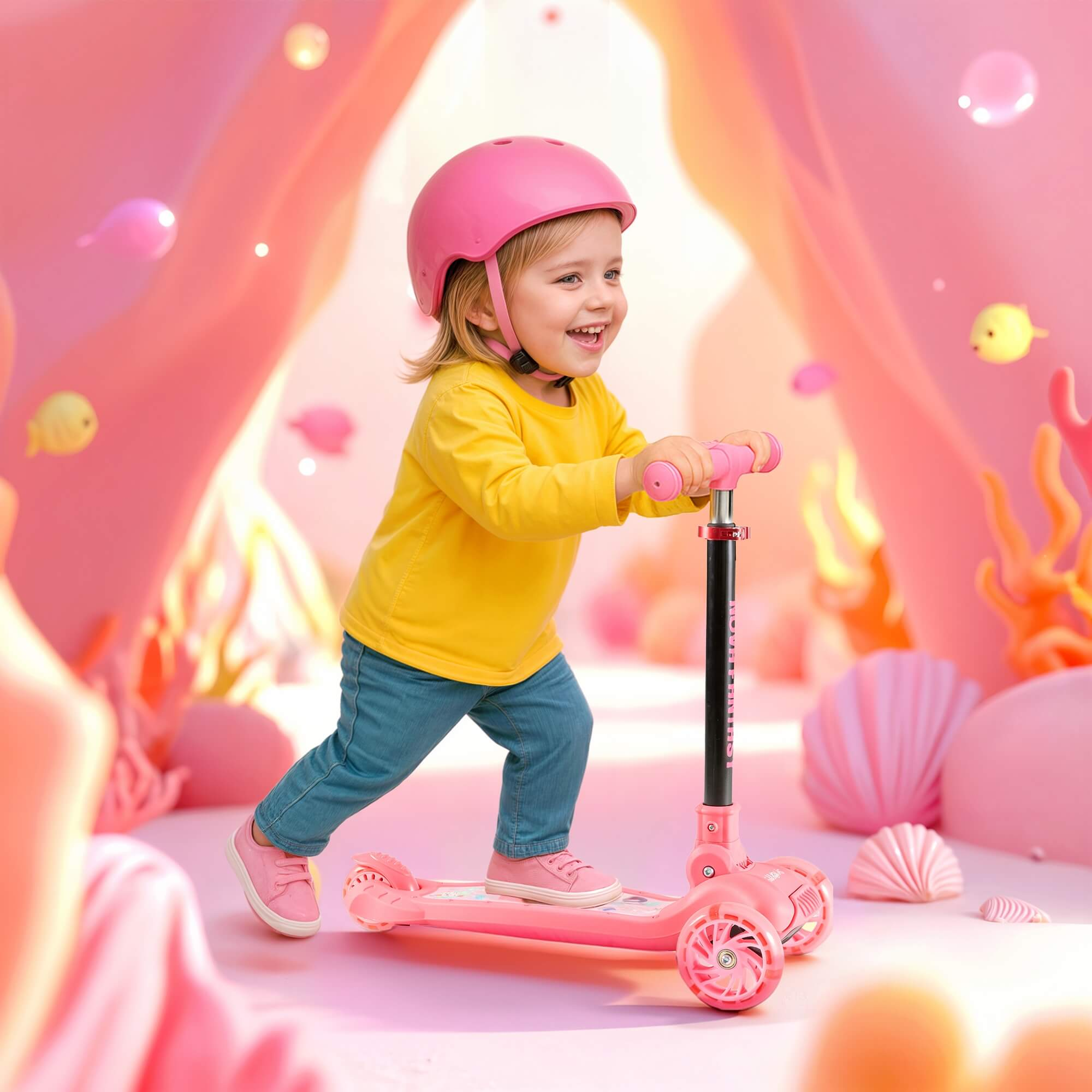 Ein lächelndes Mädchen mit rosa Helm fährt einen rosa Roller. Sie trägt ein gelbes Hemd und blaue Jeans vor rosa Hintergrund.