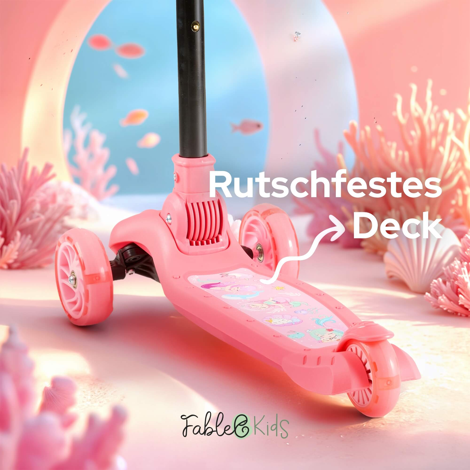 Ein rosa Roller mit drei Rädern steht auf einer rosa Oberfläche. Text weist auf ein rutschfestes Deck hin. Der Hintergrund zeigt Korallen und Fische.