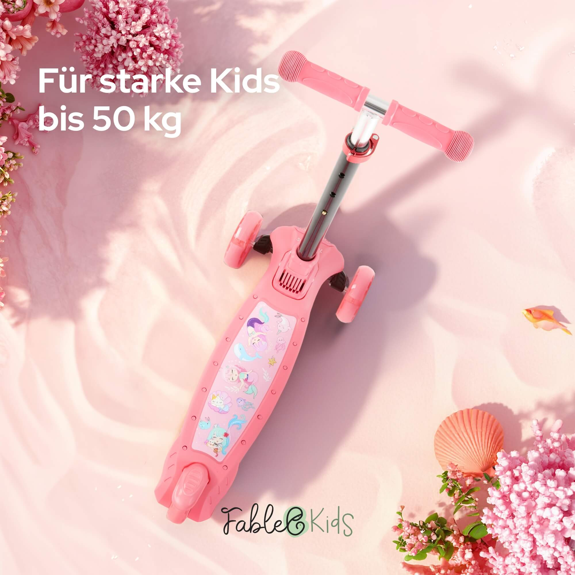 Pinkfarbener Roller mit Meerjungfrauen-Illustrationen auf rosa Hintergrund. Text: 'Für starke Kids bis 50 kg'.