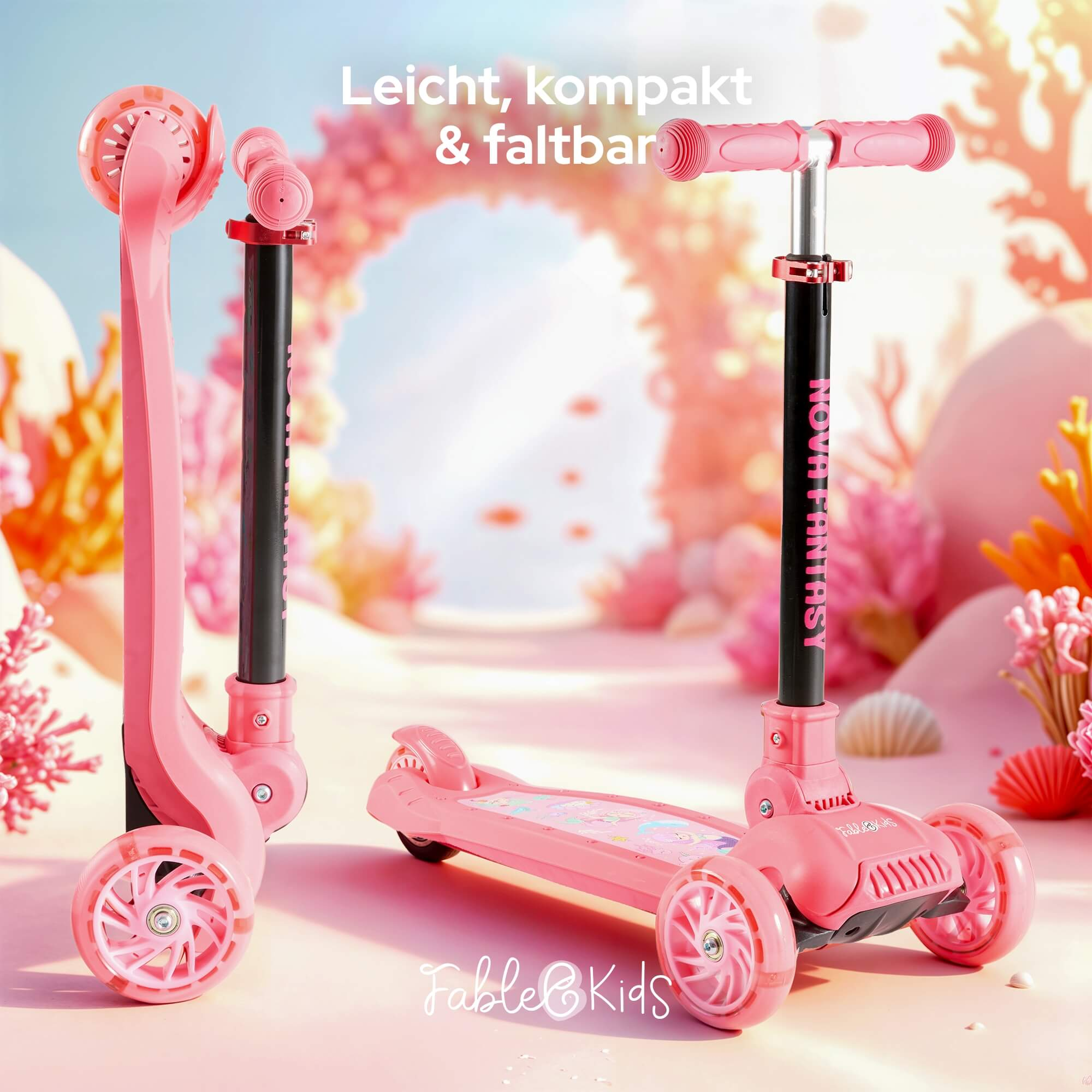 Zwei rosa Roller. Einer zusammengeklappt, der andere steht. Beide haben drei Räder. Hintergrund mit Korallen und Meereslebewesen.