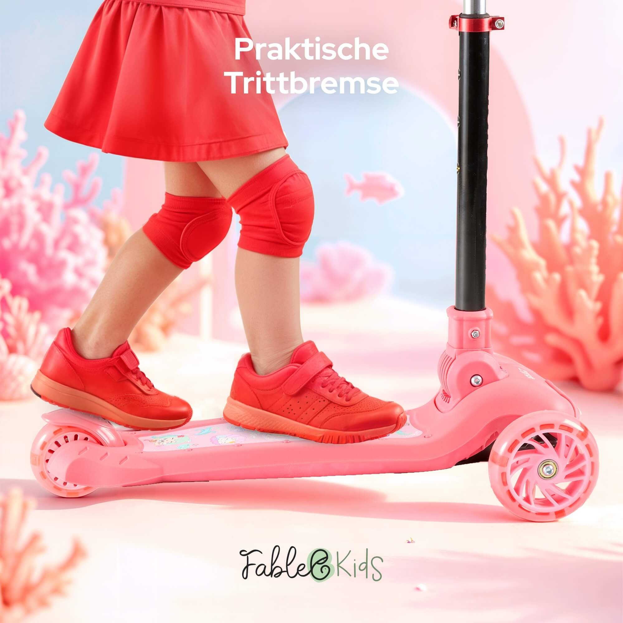Ein Kind auf einem rosa Roller mit roten Schuhen und Knieschonern. Der Roller trägt die Aufschrift 'Fable & Kids'.
