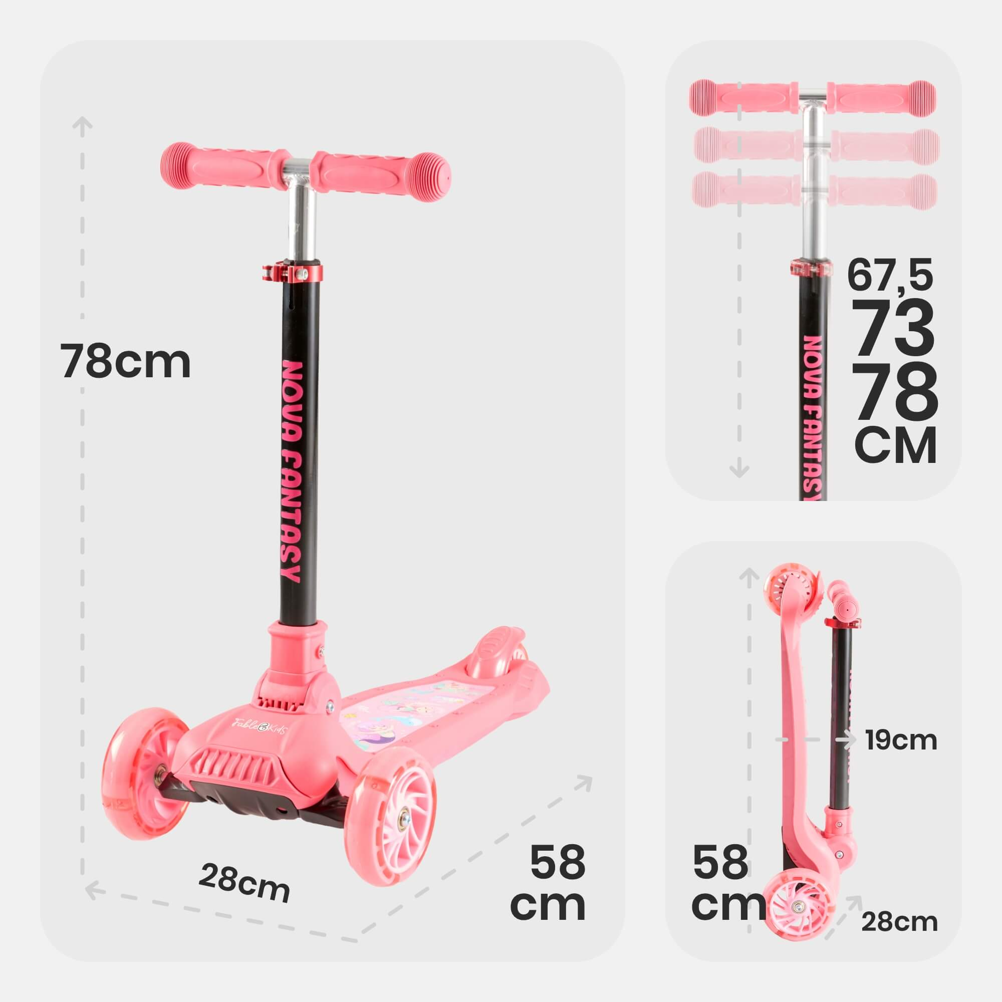 Rosa Roller mit drei Rädern, die Marke ist Nova Fantasy. Abmessungen sind angegeben.