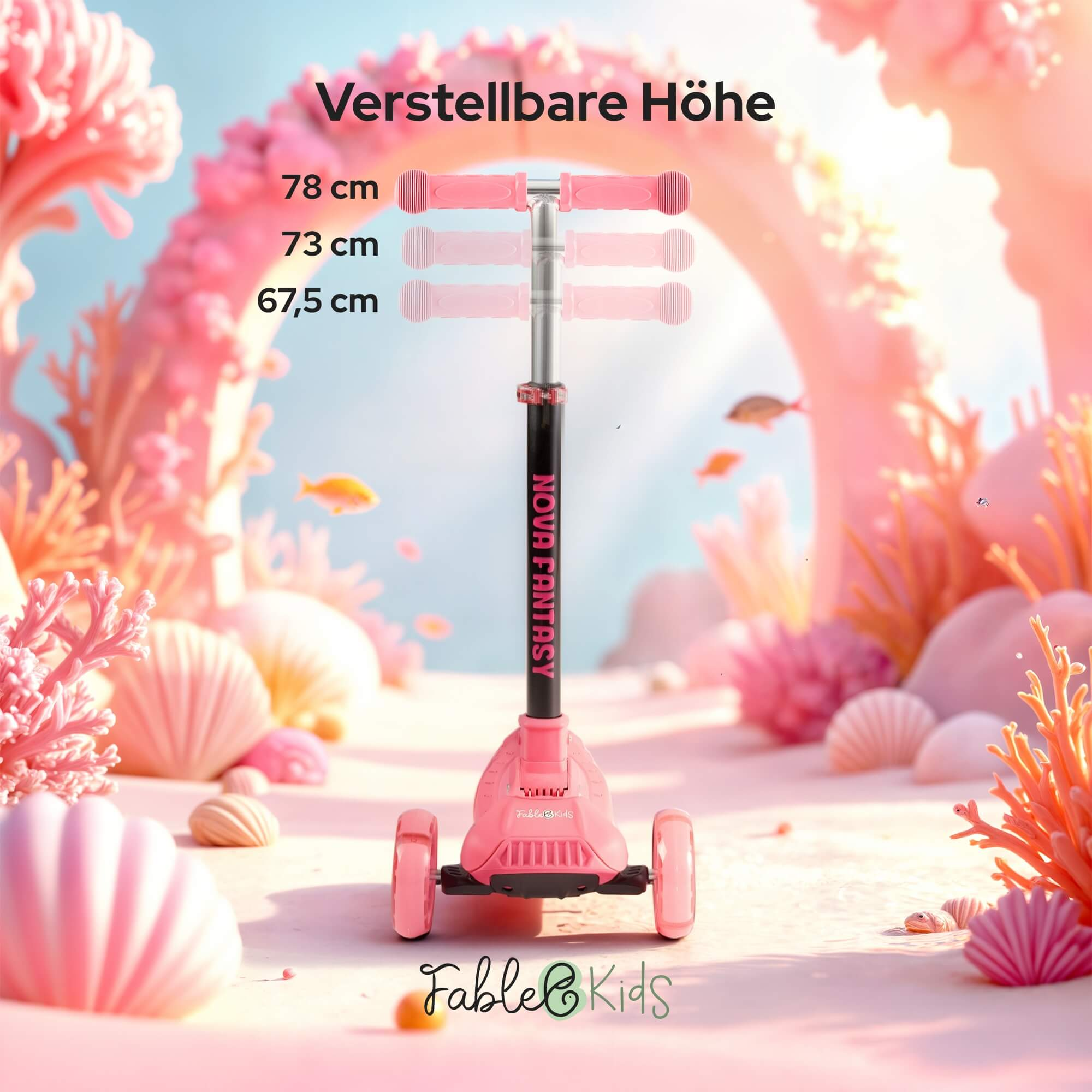 Rosa Roller mit verstellbarer Höhe in einer Unterwasserszene. Auf dem Roller steht 'Nova Fantasy'.