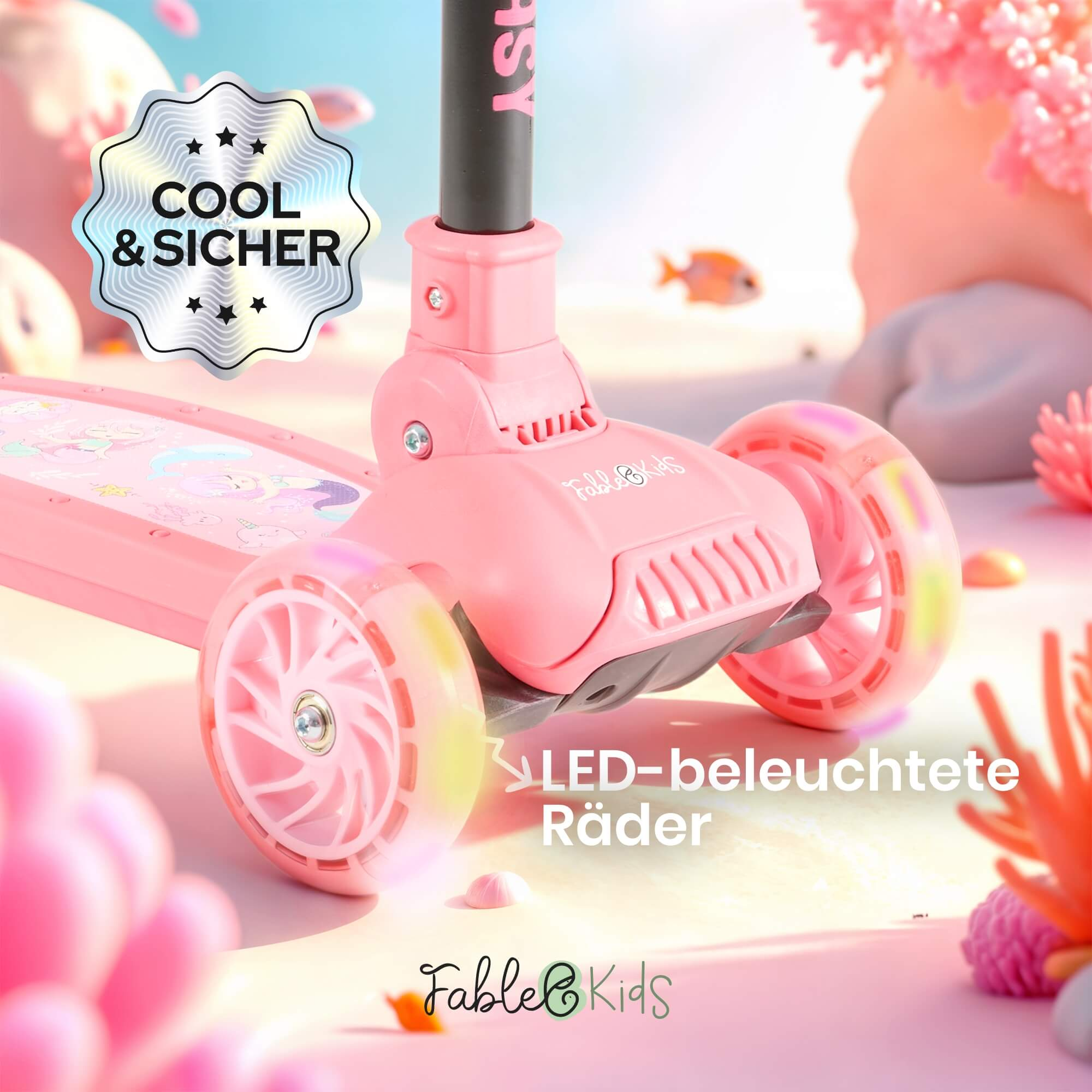 Pinkfarbener Roller mit drei Rädern, LED-Leuchten und einem "Cool & Sicher"-Abzeichen. Der Hintergrund hat rosa und korallenfarbene Akzente.