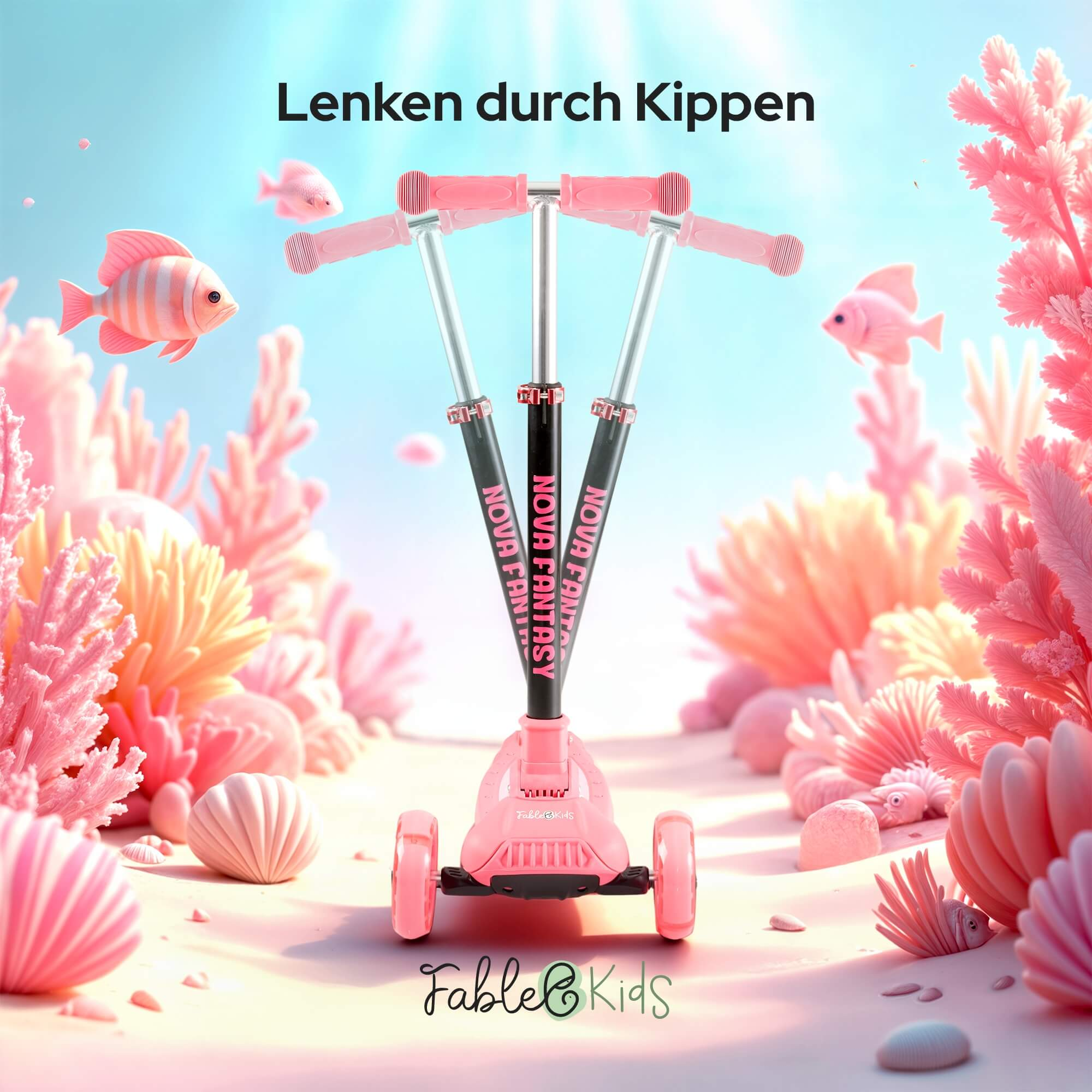 Pinkfarbener Roller mit drei Rädern, umgeben von rosa Korallen und Fischen. Text sagt 'Lenken durch Kippen' und 'Nova Fantasy'.