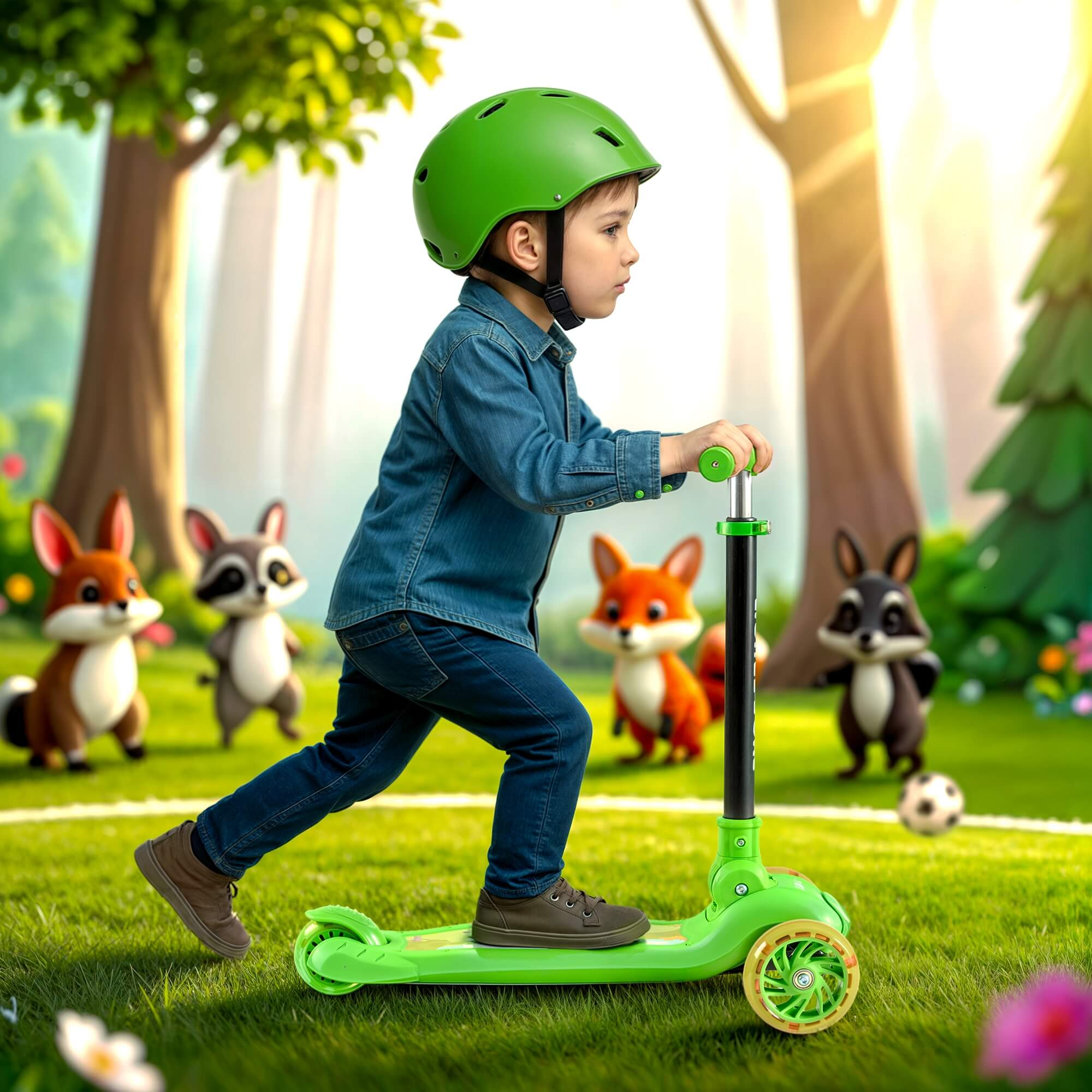 Ein Kind mit grünem Helm fährt auf einer grünen Vespa auf Gras. Zeichentricktiere sind im Hintergrund. Bäume sind im Hintergrund.