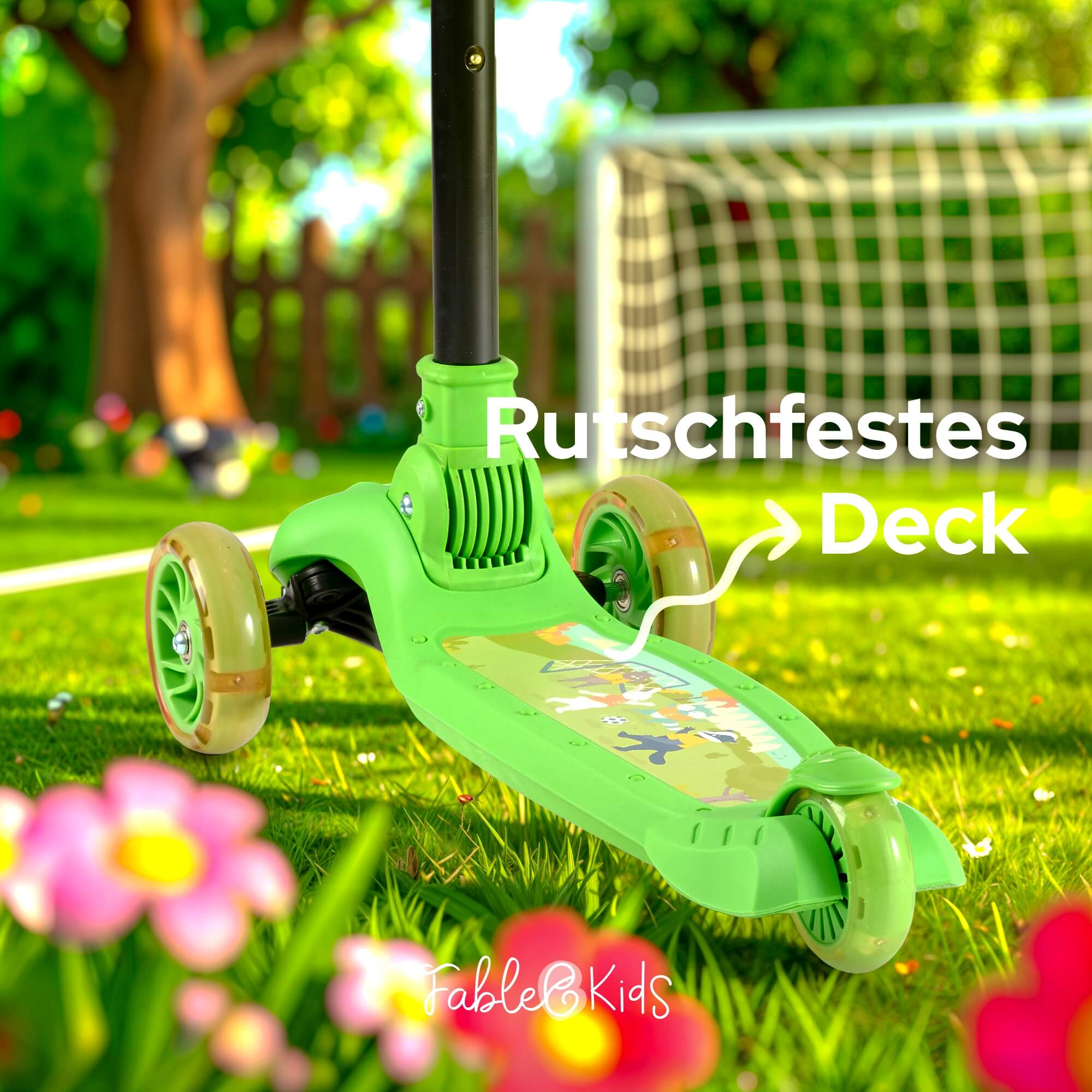 Ein grüner Roller mit drei Rädern steht auf Gras. Im Hintergrund ist ein Fußballtor, im Vordergrund Blumen. Der Text ist auf Deutsch.
