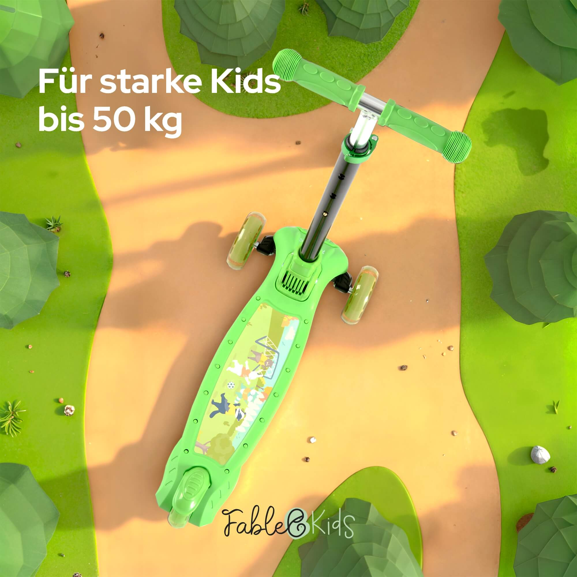Grüner Roller mit drei Rädern auf einer grünen und braunen Oberfläche, mit dem Text 'Für starke Kids bis 50 kg'.