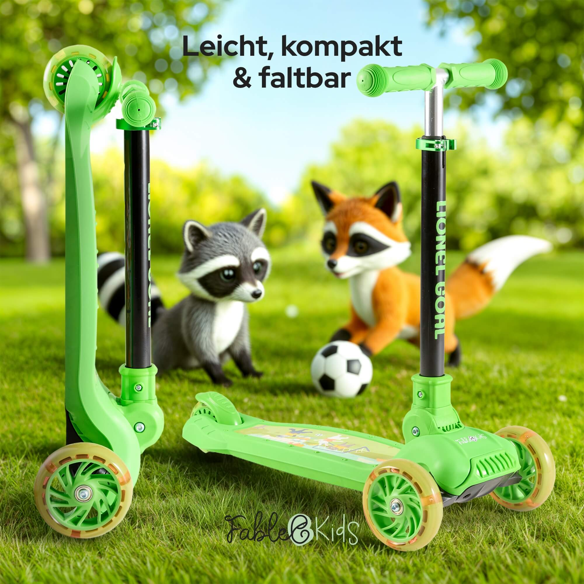 Zwei grüne Roller mit Comic-Waschbär und Fuchs auf Gras. Ein Fußball ist in der Szene.