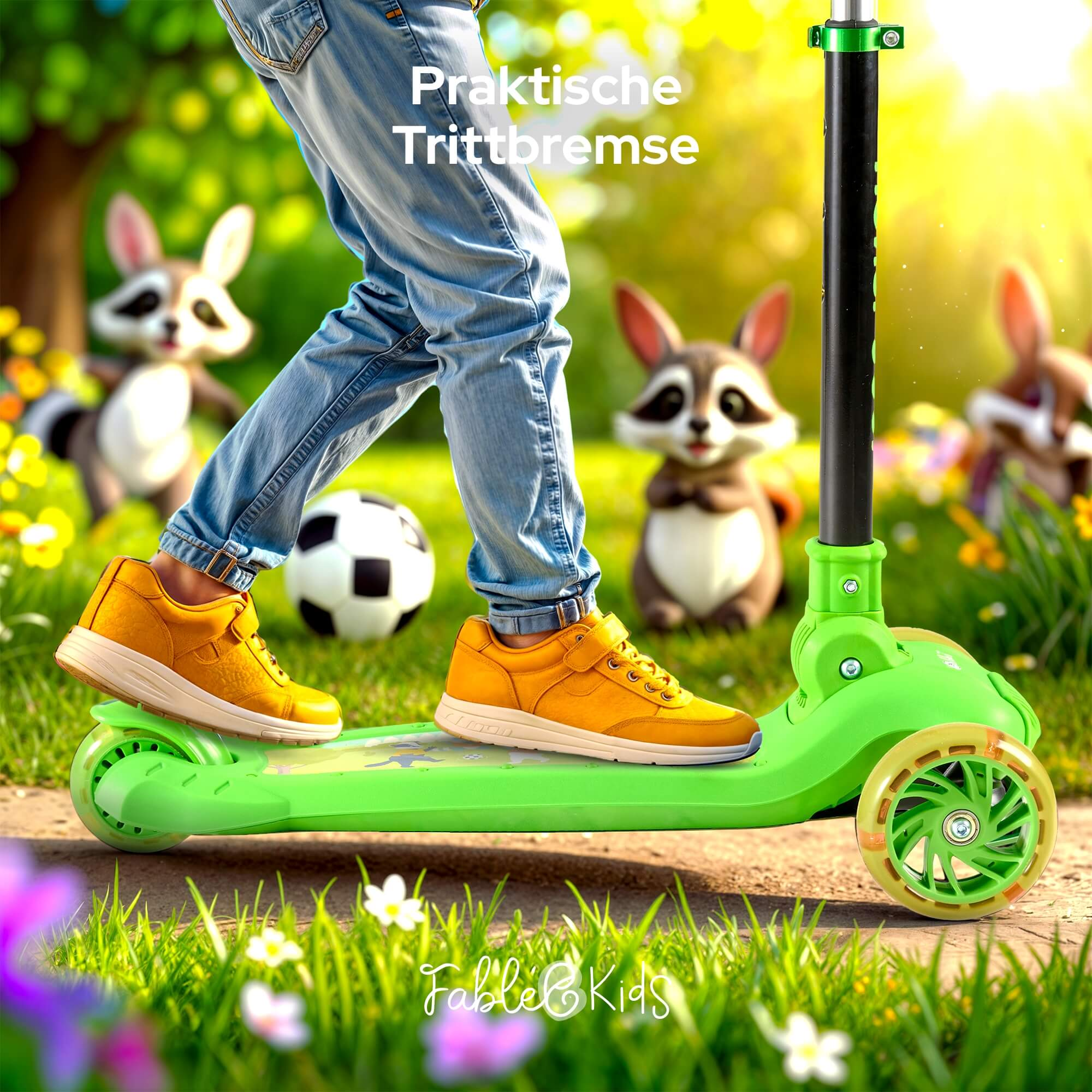 Ein Kind fährt einen grünen Roller mit gelben Schuhen. Waschbären und ein Fußball sind im Hintergrund.