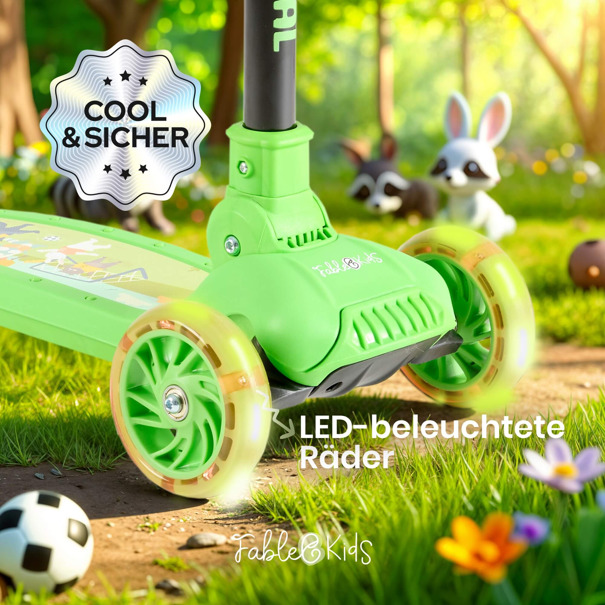 Grüner Roller mit leuchtenden Rädern im Park. Mit Fußball, Blumen und Tierfiguren im Hintergrund.